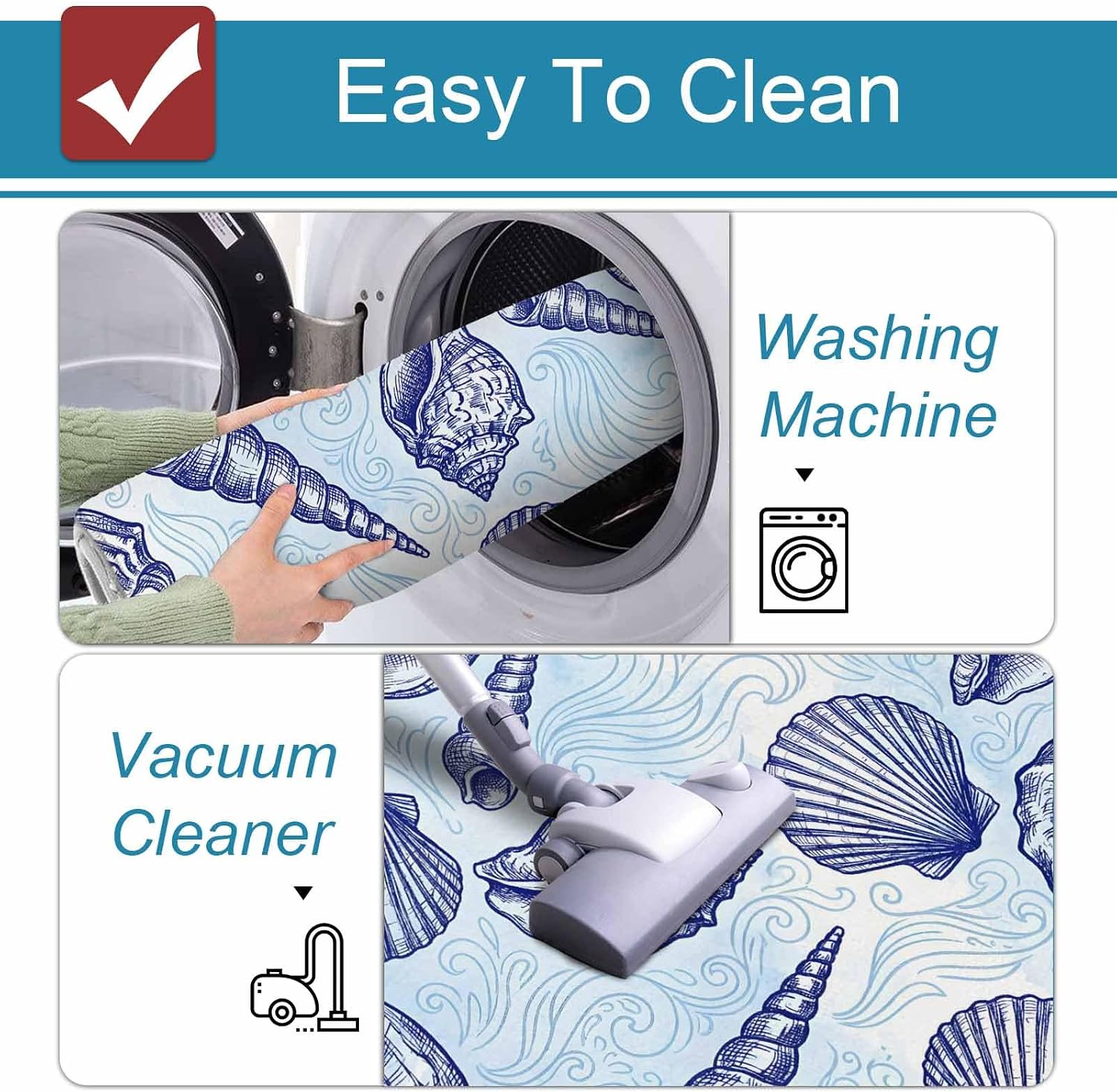 Prime Leader Coastal Seashell Kitchen Mat Set 2 Pieces Dark Blue Conch Ocean Theme Wave Lines Modern Non Slip Kitchen Rugs Washable Runner Rug Mats for Sink Laundry (19.7" x 31.5"+19.7" x 47.2")