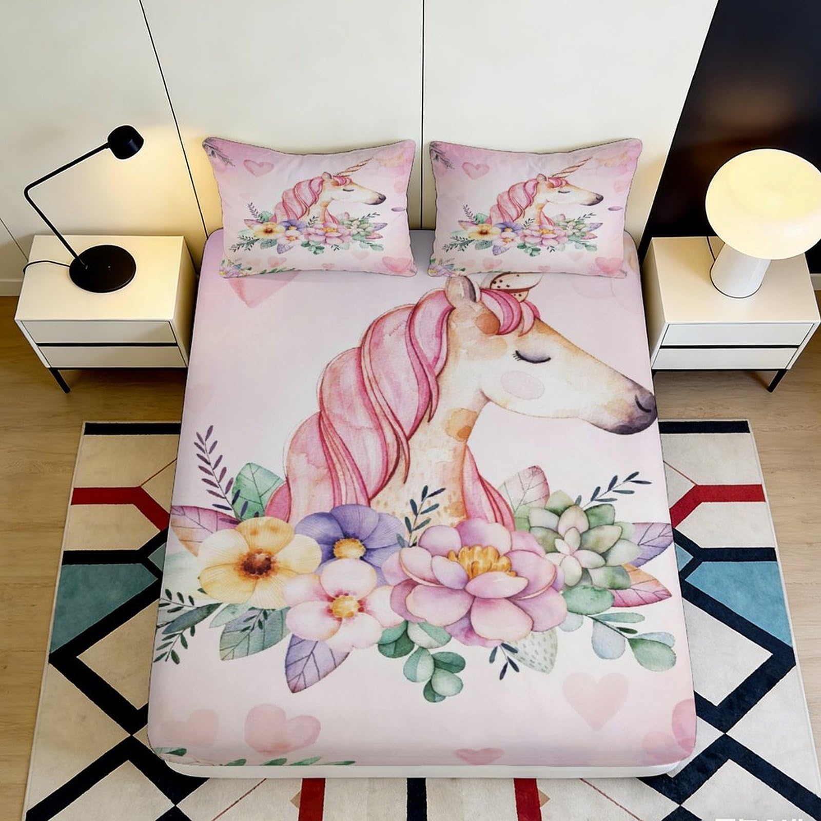 3D Printed Dreamy Unicorn Floral Fitted Sheet Microfiber Deep Pocket Non-Slip Unicorn Mattress Fitted Cover for Bedroom 90x200x25cm