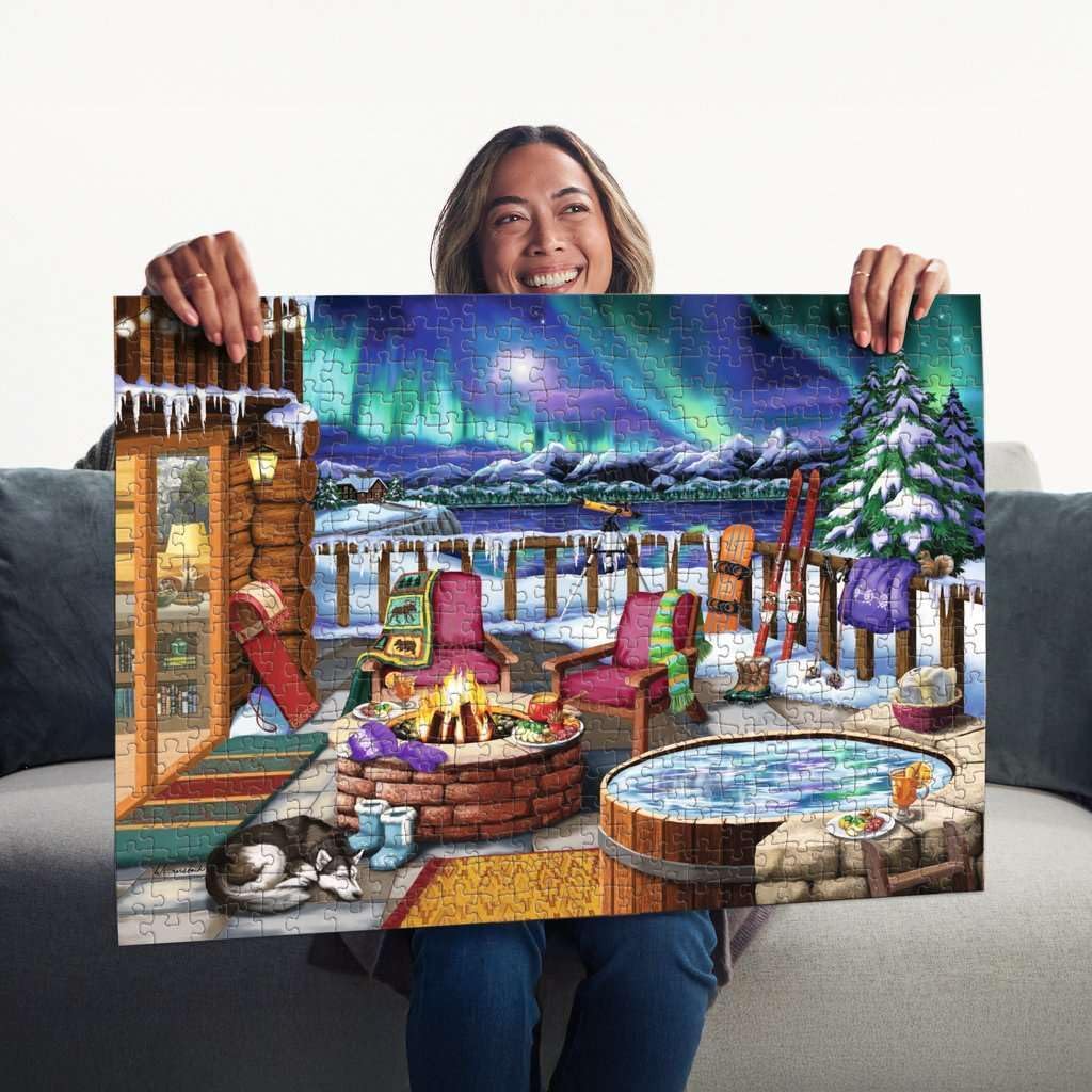 Ravensburger - Northern Lights - 500 Piece Large Format Jigsaw Puzzle - Stunning, Bold, Vivid Image of The Phenomenon - Warm Fireside Cabin - Premium Quality - Puzzles for Adults