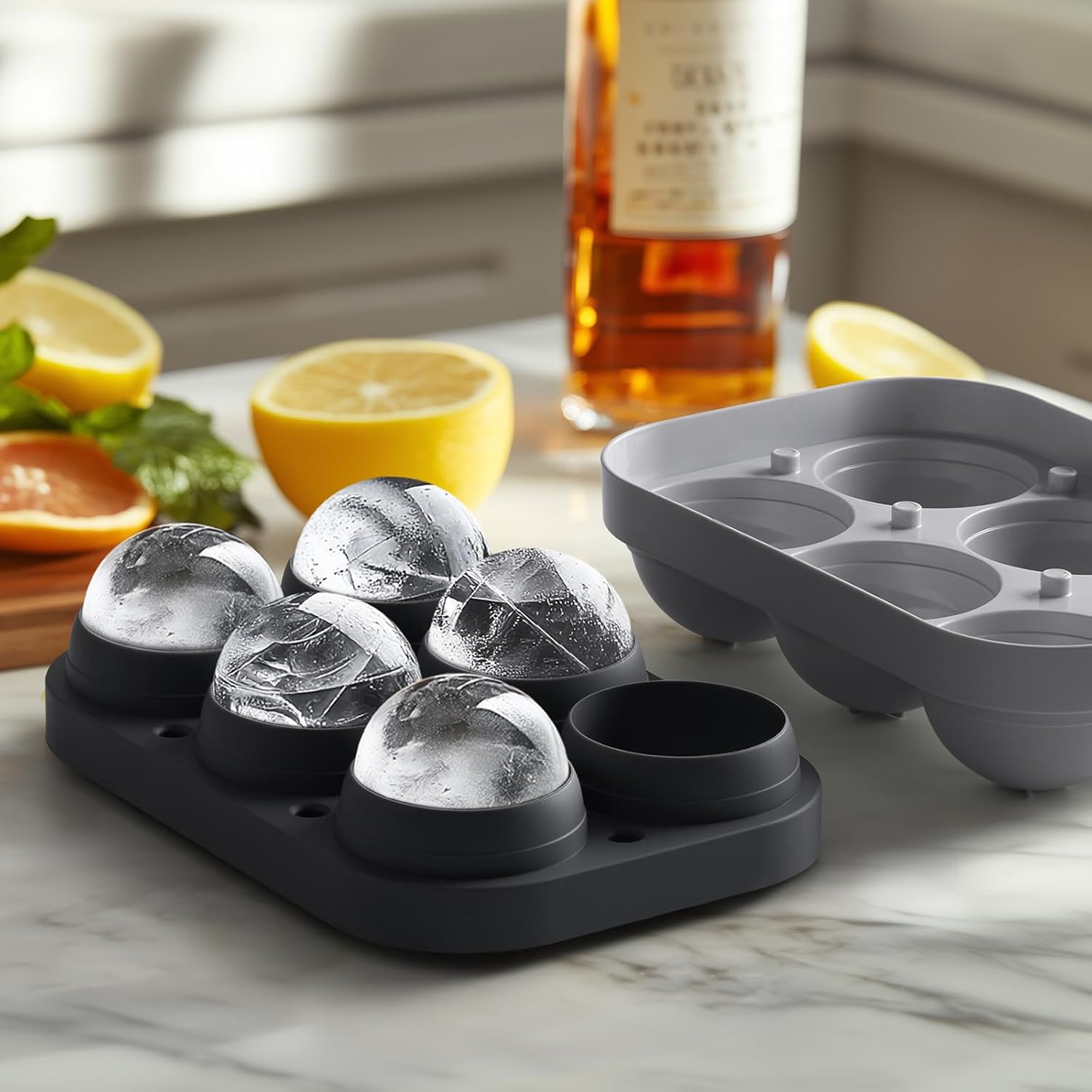 Winrock 2.5inch Spherical Ice Ball Tray For Whiskey, Big Ice Freezer Mold for Cocktails，Easy Fill In & Release Ice Cube Mold, Durable &Reusable Spherical Ice Maker (Steel Grey)