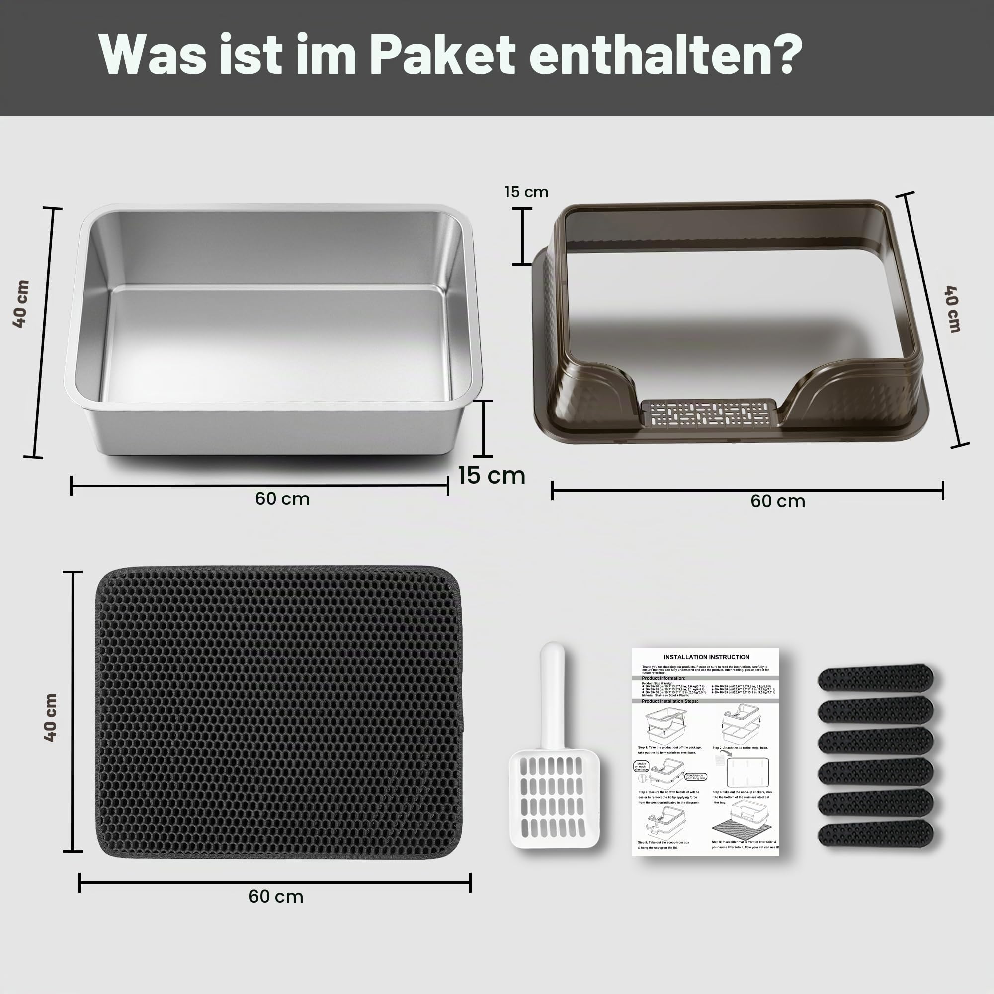 Suhaco Edelstahl Katzenstreu Box mit Deckel Kitty Schwarze Katzenstreu Matte und weißer Scoop Inklusive Covered Metal High Sided Abnehmbare große Katzenstreu Box Gehäuse 60×40×30(Schwarz XXL)