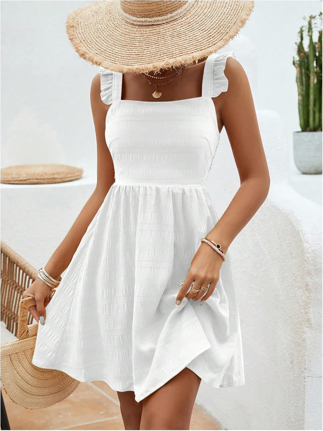 SweatyRocks Women's Ruffle A Line Short Dress Sleeveless Smocked Textured Vacation Flowy Dresses - Image 3