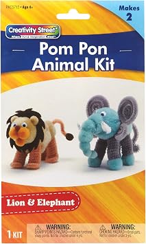 Creativity Street Pom Pon Animal Kit, Lion & Elephant, Assorted Sizes, 1 Kit Makes 2 Animals