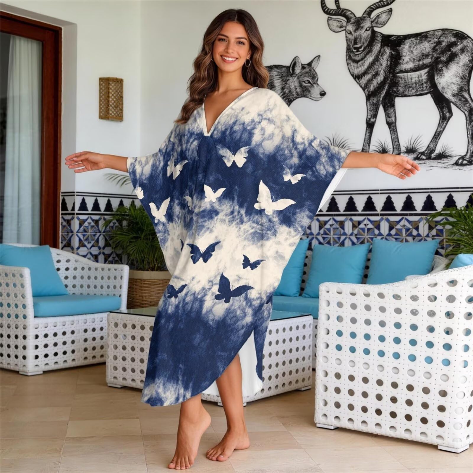 Poceacles Abito caftano da donna modello tie-dye Plus Size Boho abito con maniche a pipistrello Flowey Caftano Beach Cover Up