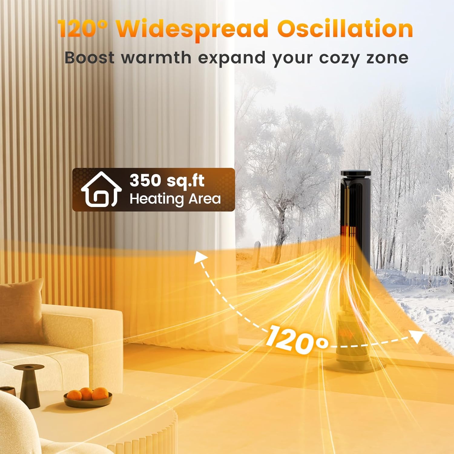 Auertech 34.5" Space Heaters for Indoor Use Large Room, 1500W PTC Electric Heater with 3D Flame, Oscillating Heater with Remote Control & 12H Timer, Portable Tower Heaters for Bedroom, Office, Grey