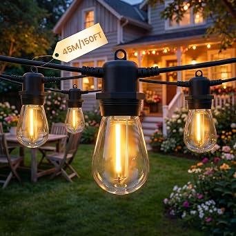 Bomcosy S14 Festoon Lights Outdoor 45M IP65,45+3 Shatterproof Bulbs 2700K [Energy Class B]