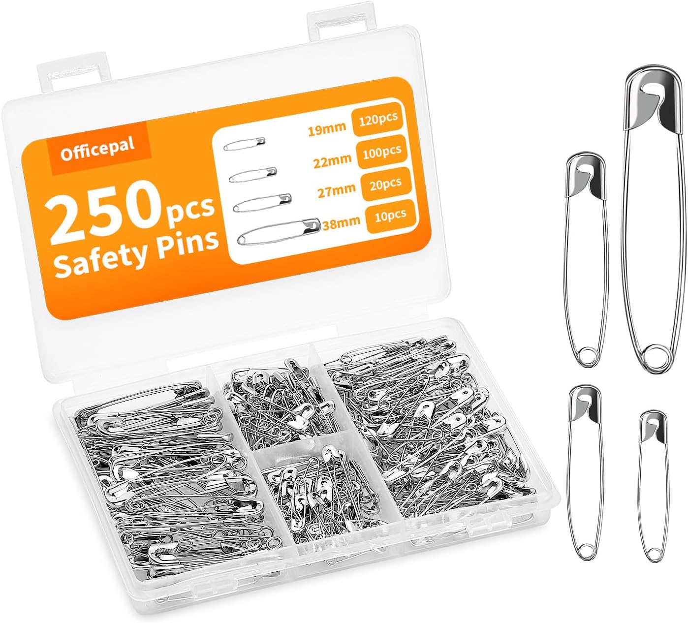 Premium Quality 4-Size Pack of Safety Pins- Top 250-Count – Durable, Rust-Resistant Nickel Plated Steel Set- Best Sewing Accessories Kit for Baby Clothing, Crafts, Arts (4-Size S)