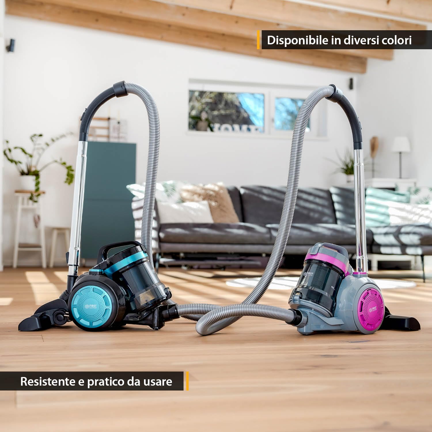 TZS First Austria Aspirapolvere senza sacchetto | Filtro HEPA da 800 W per persone allergiche | Cavo da 4,8 m | Per pavimenti duri e moquette | 2 L | Petrolio/nero - Viola/grigio