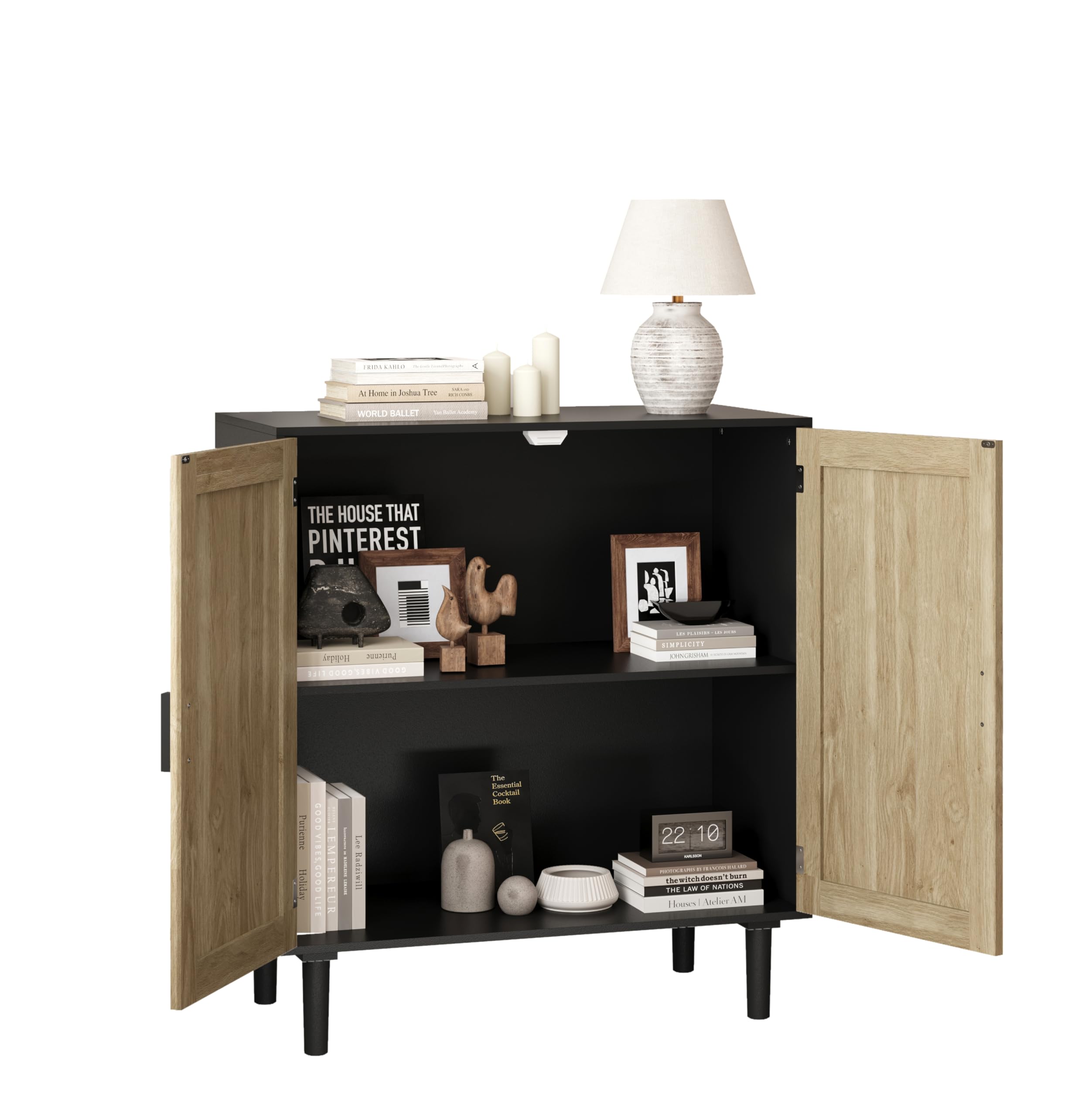 Sideboard Rattan, 2 Türen, Magnetverschluss, Kippschutz, schwarz, stabil | Kommode aus MDF mit Rattan-Fronten, Massivholzgriffen und viel Stauraum, für Wohnzimmer, Esszimmer und Diele