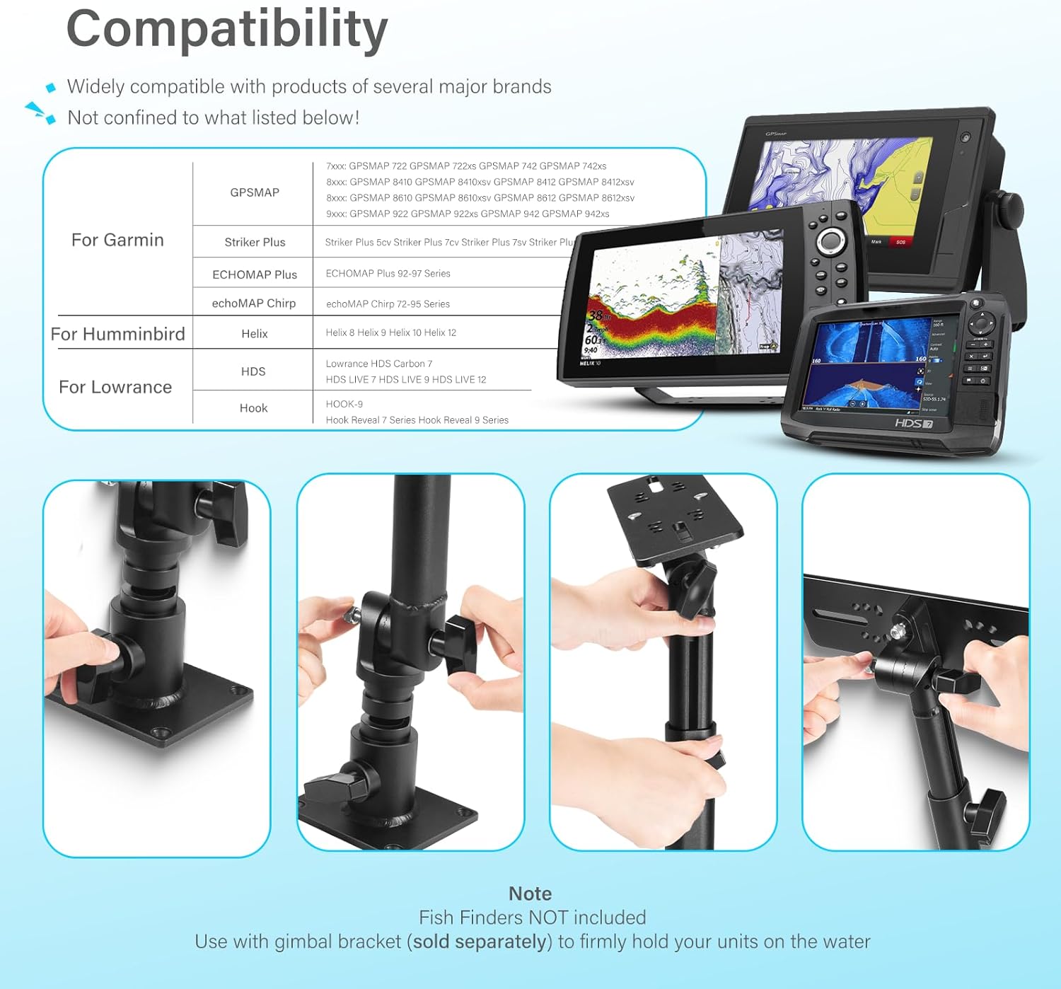 Aluminium Fish Finder& Chartplotters Mount, Marine Electronics Mount Compatible with Garmin, Humminbird, Lowrance and More, 丨18''-to-24'' Adjustable Height丨350° Adjustable Angle丨Solid Hold