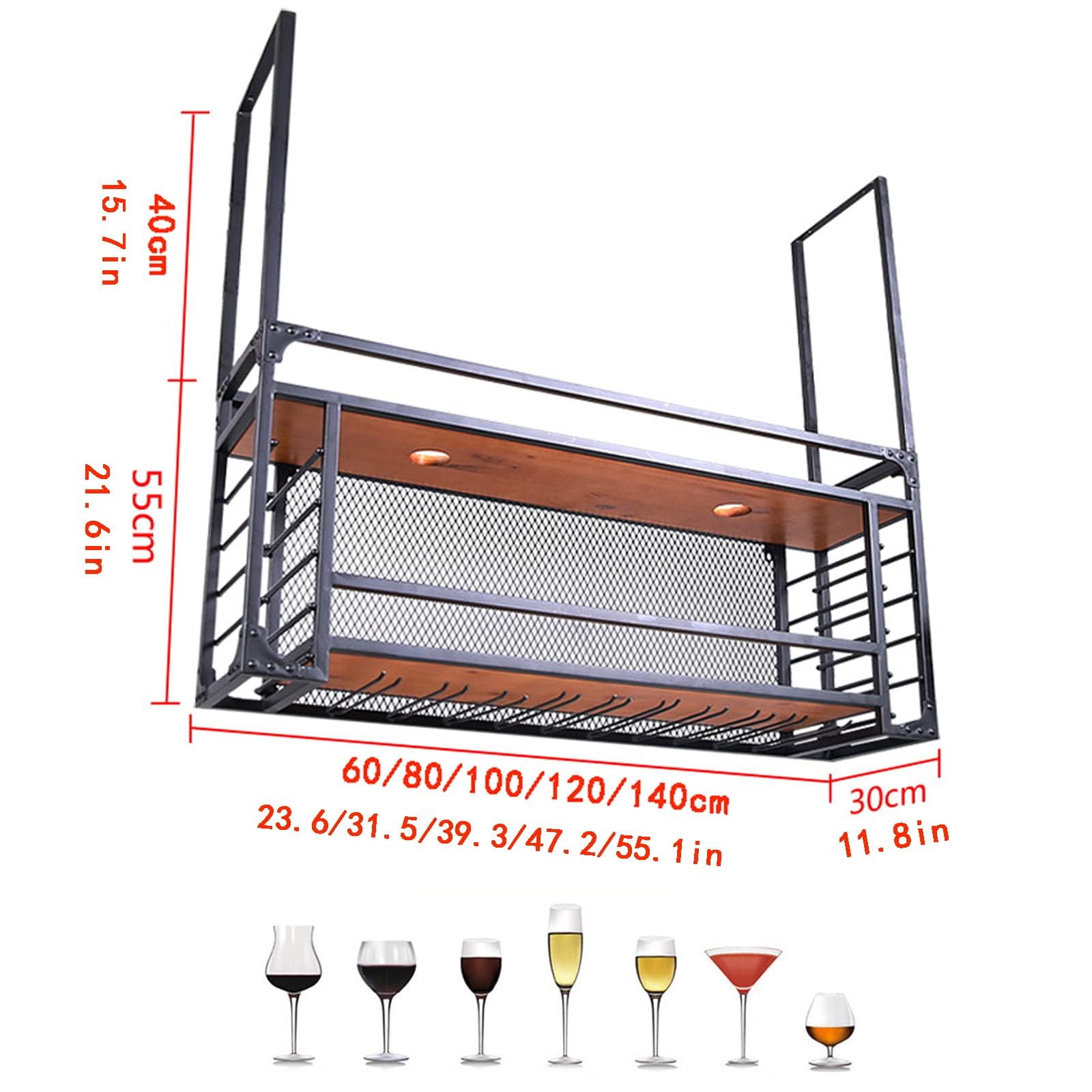 Ceiling Wine Glass Rack, Hanging Wine Rack with Glass Holder and Shelf, Metal Ceiling Shelf with Guardrails, Goblet Stemware Racks, Black Metal Ceiling Shelf for Bar Cafe Kitchen (100cm/39.3in)
