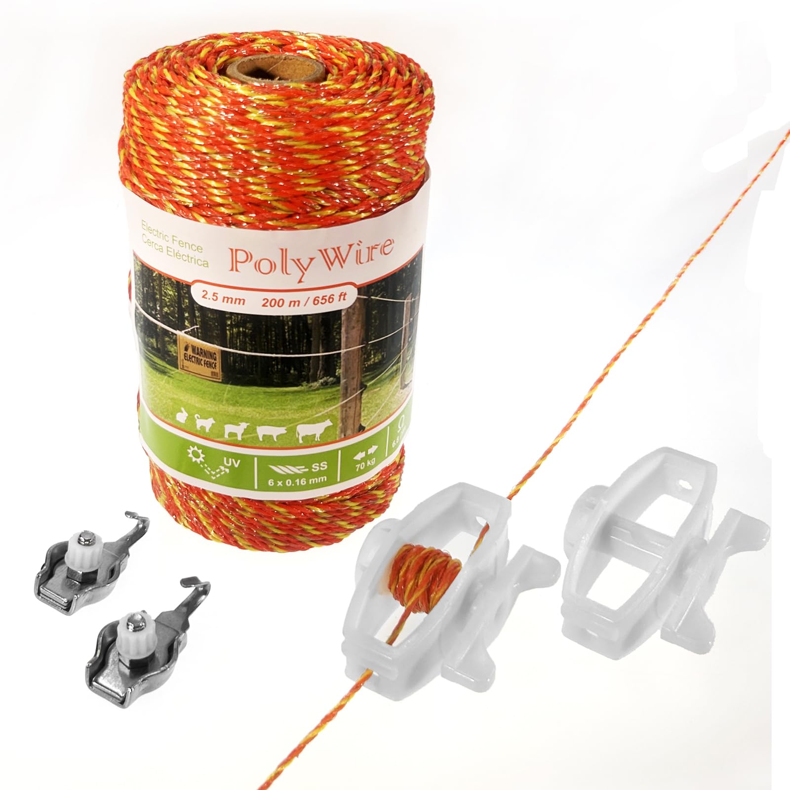 FenceMatePolyWire with Connectors & Tighteners Kit, 656 ft /200 m, 6 Stainless Steel Wires Ensure Reliable Conductivity for Electric Fence, High Visibility UV Stabilized 2 Year Warranty