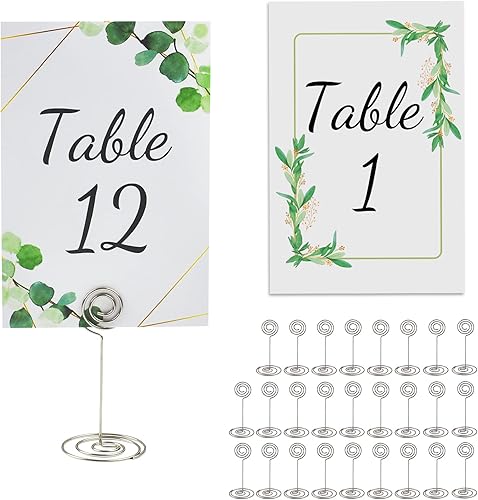 Número de mesa 1-25 Plus - Tarjeta de mesa principal de doble cara de 4 x 6 pulgadas con soportes de números de mesa plateados a juego para bodas y