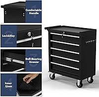 Vista 4 de Cofre de herramientas de 5 cajones, carrito de herramientas con ruedas, armario de herramientas de alta capacidad con sistema de bloqueo