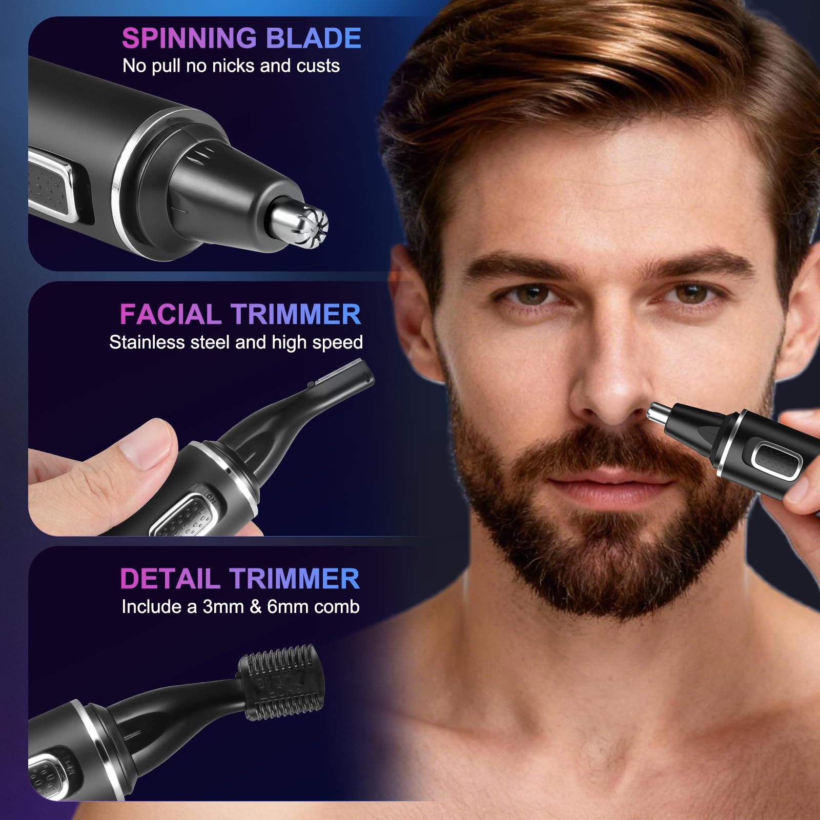 Nasenhaartrimmer für Herren, schmerzfreier Nasentrimmer, wiederaufladbar, für Ohr- und Augenbrauen-Gesicht, Nasenhaarschneider mit IPX7 wasserdicht, zweischneidige Klingen für einfache Reinigung