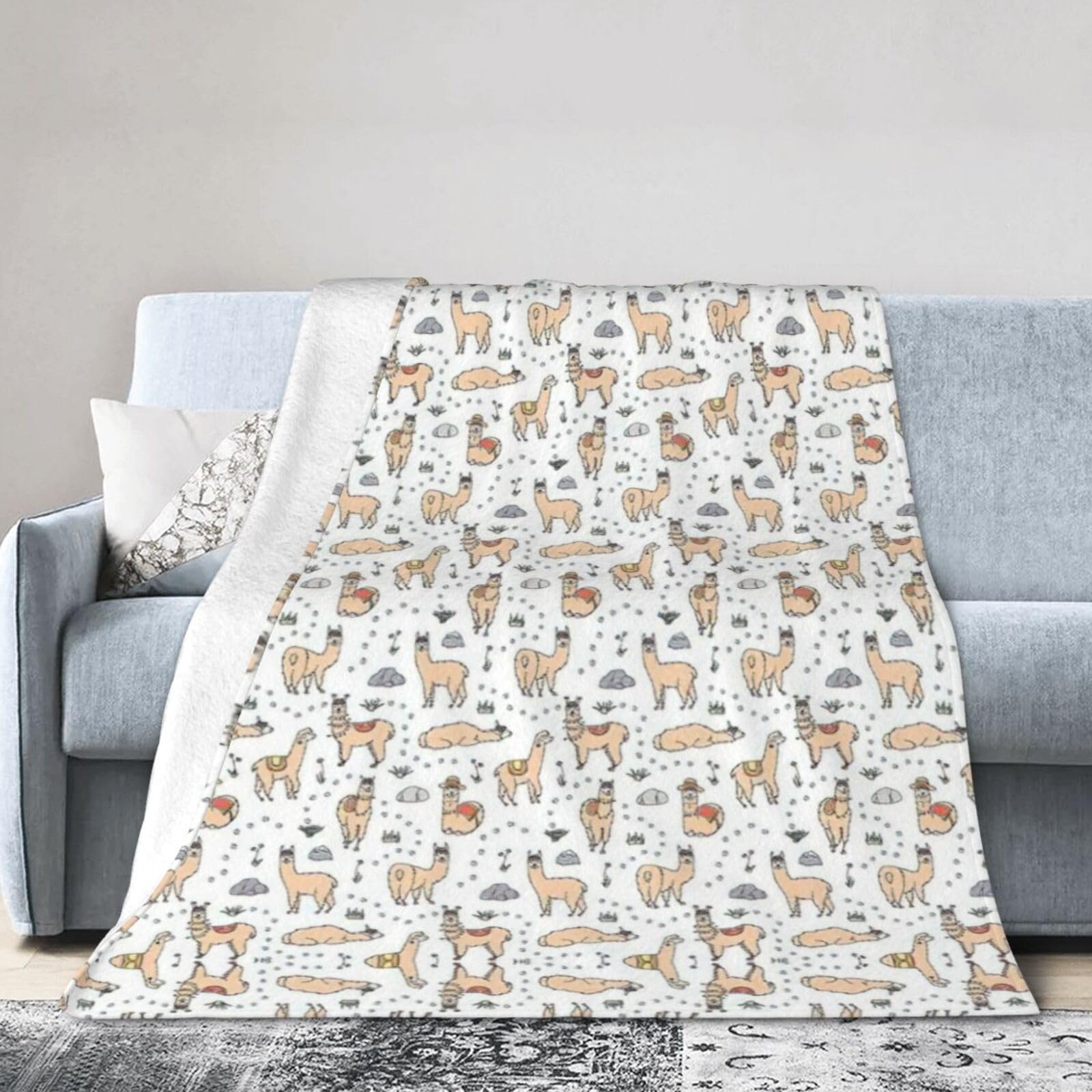 Uusnwaa Soft Cosy Fleece Warm Throw Llama Cartoon Pattern Print Blanket