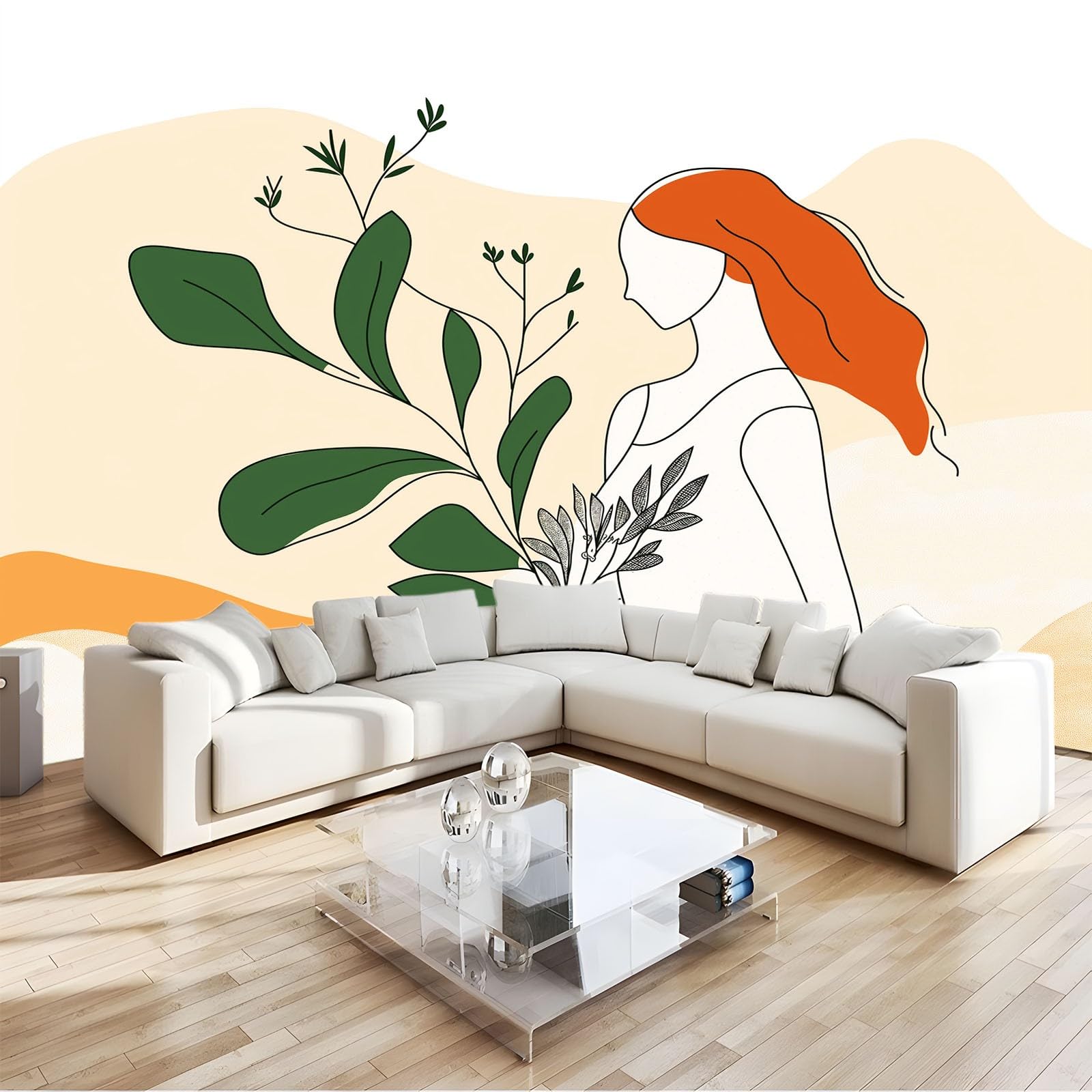 Minimalizm Kwiaty Zielone Rośliny 3D Drukowana Tapeta, 350 x 256 cm Fototapeta Fototapeta Zdejmowana Włóknina Salon Tło TV I Sofa, Beżowy