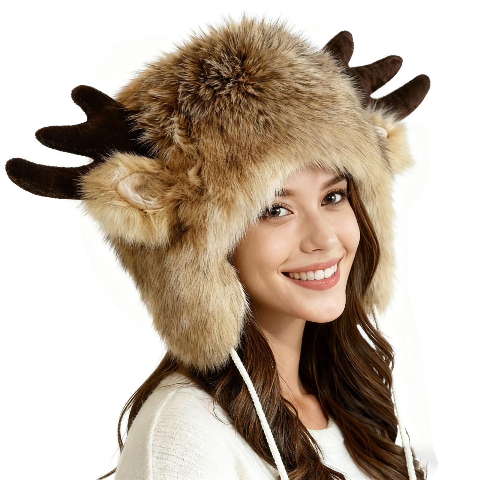 YJZQ Bonnet unisexe Bonnet animal Chaud Chapeau tête de Renne et Corne du Veau Cagoule en Peluche Casquette Fausse Fourrure pour Adult Grand Enfants Cadeau Noël Aniverssaire Fête
