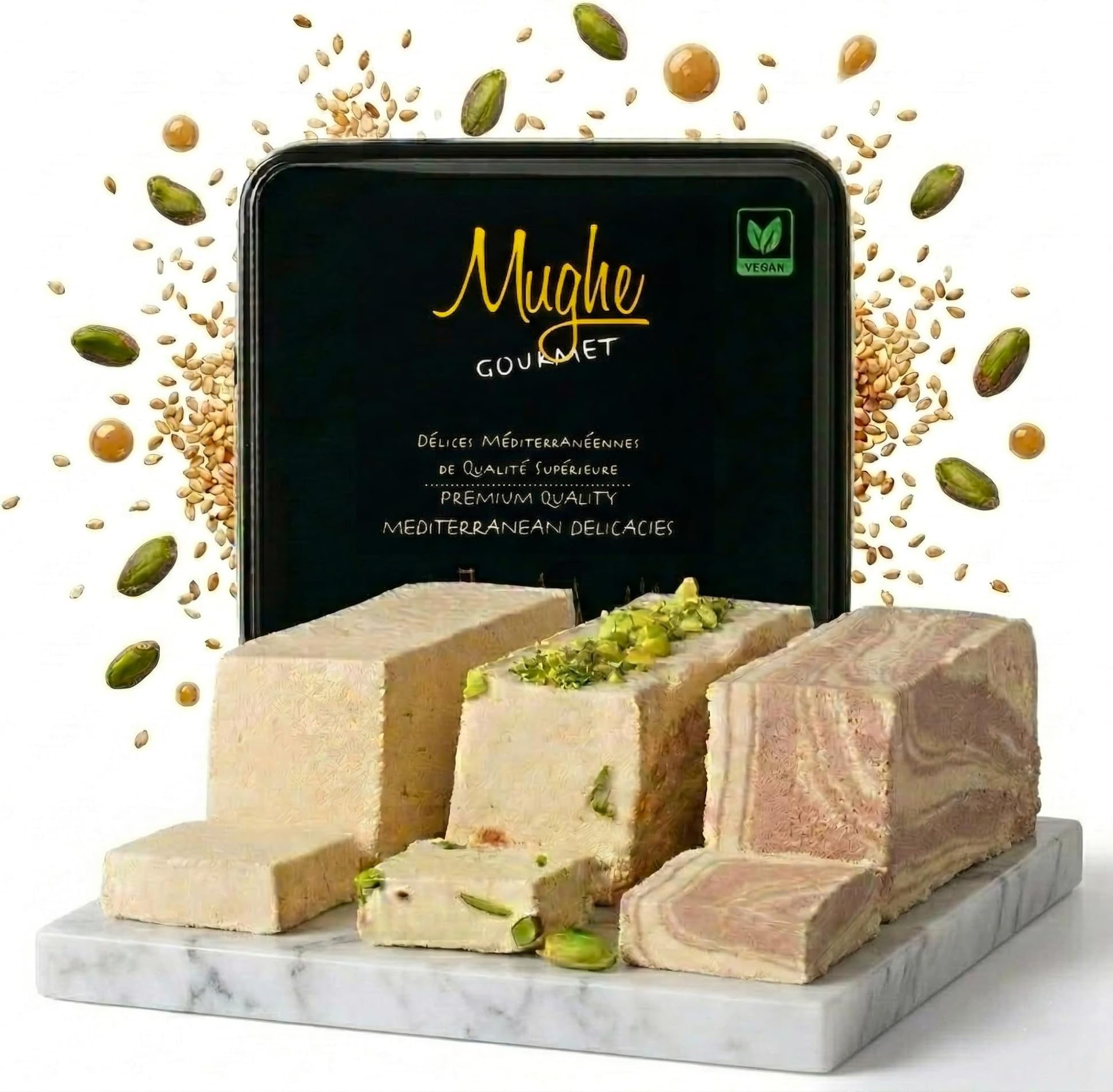 Mughe Gourmet Halvah Assortment 1.88lb (850g) Tin Gift Box - 3 Delicious Vega...