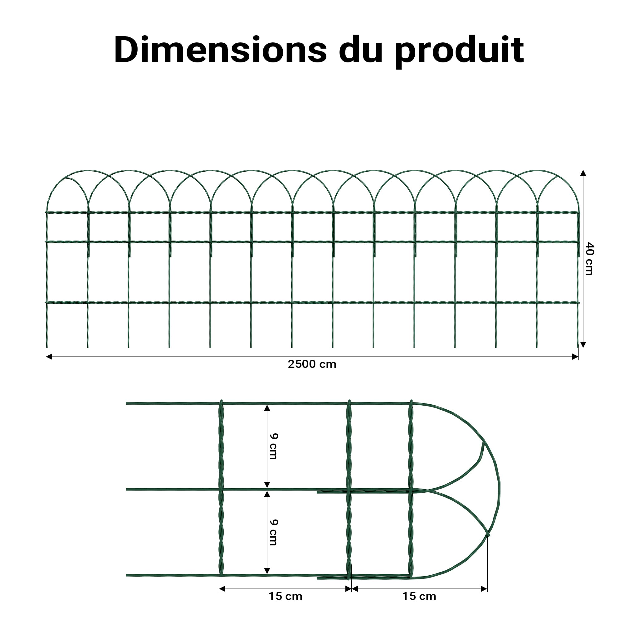 Wiltec Grillage souple Mailles 9x15 cm Hauteur 0,4 m Longueur 25m Acier revêtu de PVC Fil Ø 2mm Clôture Jardin Bordure décorative Délimitation Espace Protection plantes Jardinage Grillage Deco
