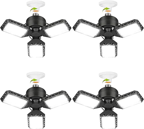 Luces LED de cochera, 80 W, luz de techo de cochera deformable, 8000 lm, E26, luces de sótano con 3 paneles LED ajustables de 270, se adapta a