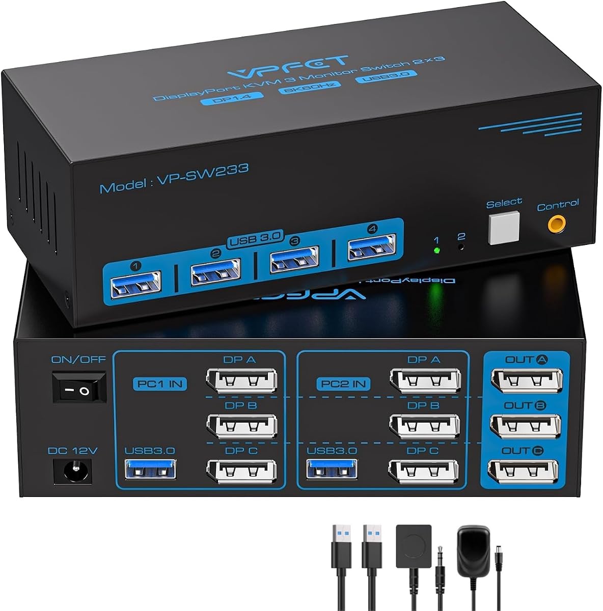4K@144Hz DisplayPort KVM Switch 2 Computers 3 Monitors 8K@60Hz
