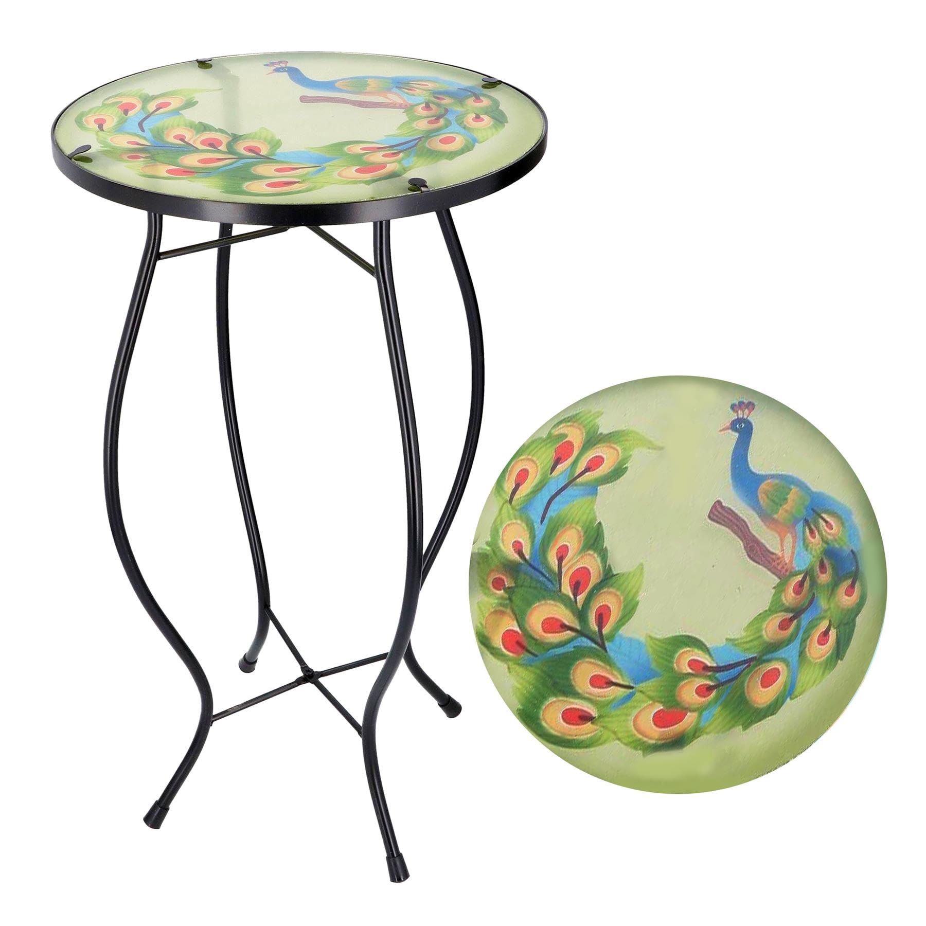 GEEZY Mosaic Garden Table โ Peacock Design, Weatherproof Glass & Iron, Small Round Outdoor Patio Coffee Versatile Bistro Side Table Plant Stand for Home & Gift, 30.5 cm Diameter, Garden Tables Only