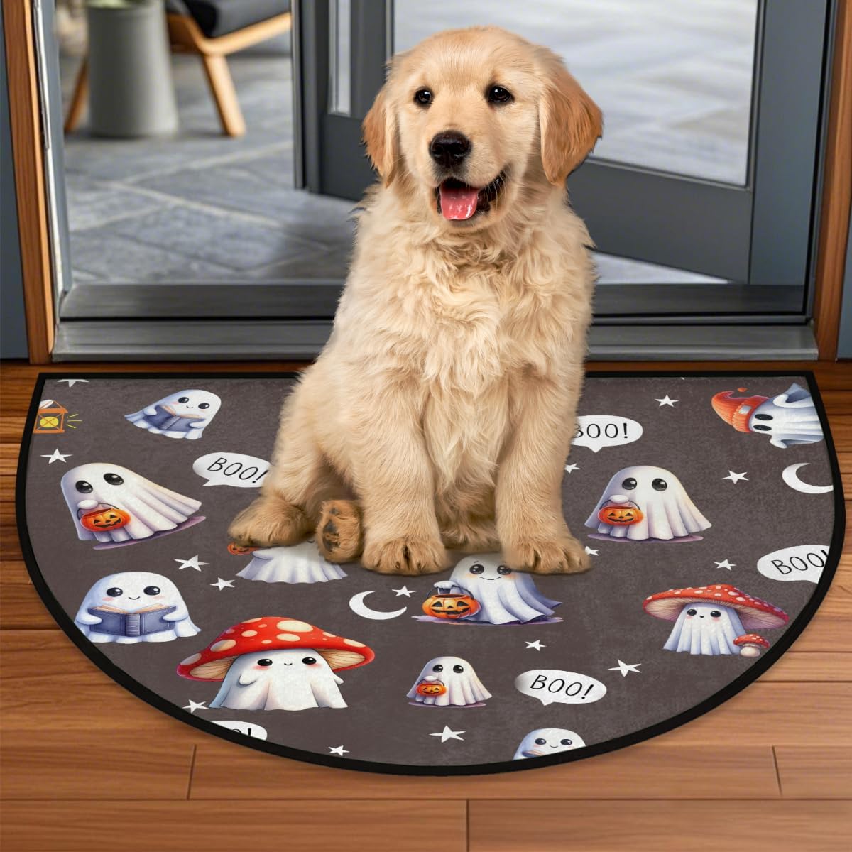 Half Round Doormat Halloween Cute Ghosts Holiday Washable Semi Circle Area Rug Non Slip Half Moon Rug Holiday Decor Mat for Indoor Outdoor Bathroom Kitchen Welcome Fireplace Hearth Floor Mat