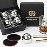 Gifts for Men Dad - Whiskey Stones Reusable Metal Steel Ice Cubes Balls Set - Him or Husband White Elephant Stocking Stuffers for Adults Man - Cool Anniversary Funny Christmas Gift (4 Big Balls)