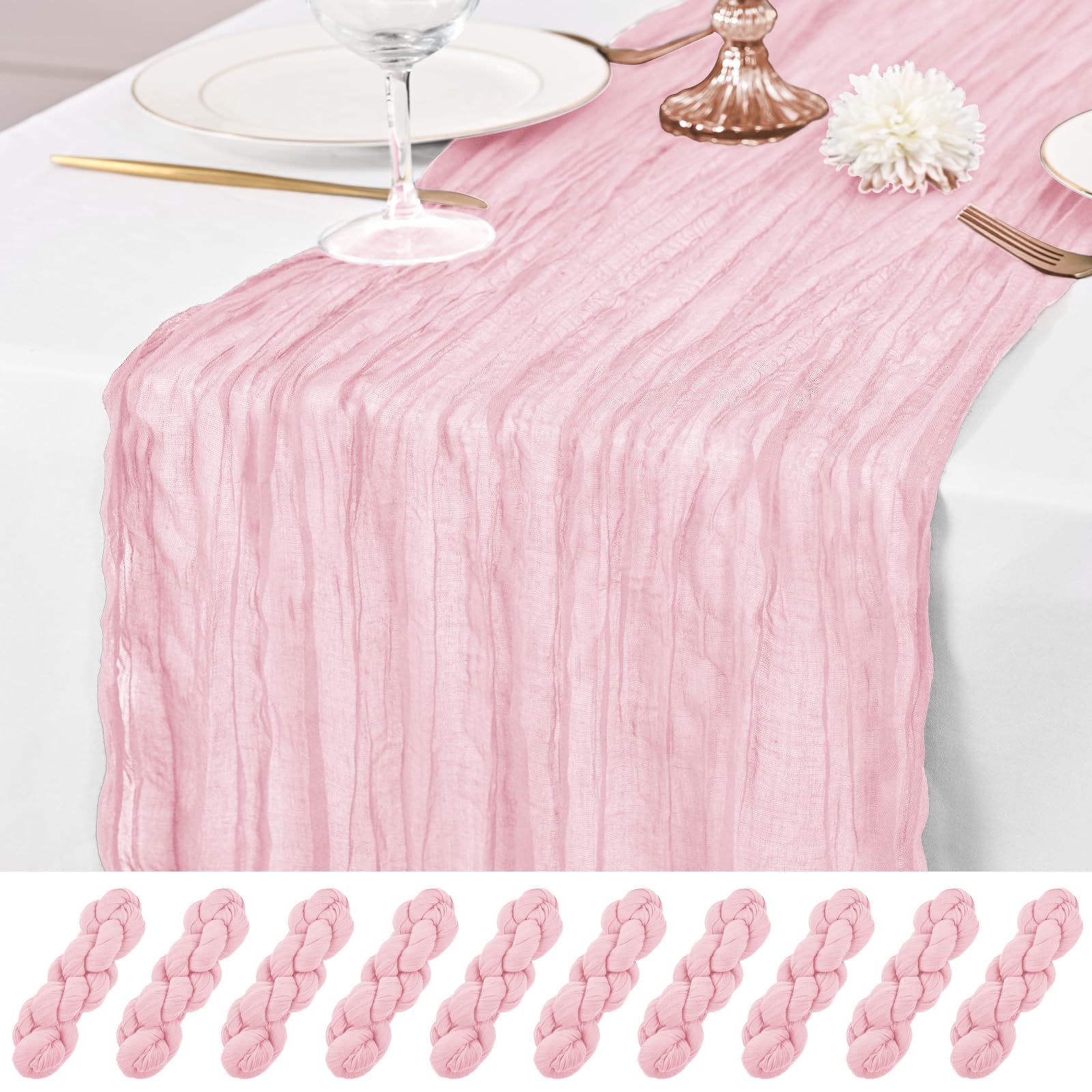 10 Pcs Pink Table Runner 10Ft Cheesecloth Table Runner 21x120 inch Rustic Gauze Table Runners Romantic Long Sheer Fabric Cheese Cloth Table Runners for Wedding Party Bridal Baby Shower