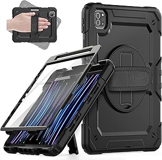 Timecity iPad Pro 11 Case 2022/2021/2020/2018, Full-Body Shockproof Protective Case with Screen Protector, 360°Rotating Stand, Hand/Shoulder Strap for iPad Pro 11 Inch 4th 3rd/2nd/1st Generation,Black