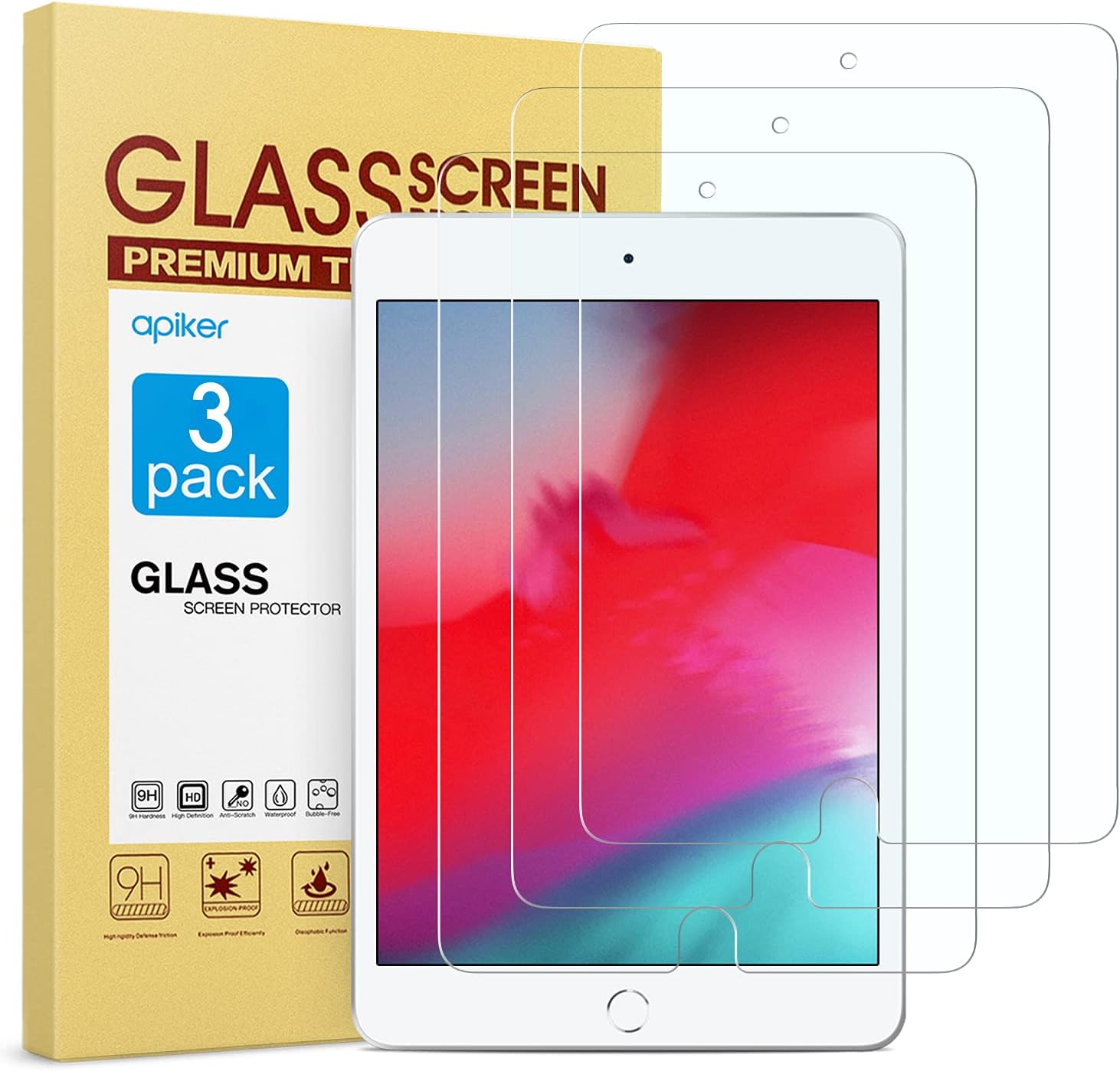 apiker Screen Protector for iPad Mini 5 2019 / iPad Mini 4, [3 Pack]Tempered Glass Screen Protector with Alignment Frame / High Definition / Scratch Resistance