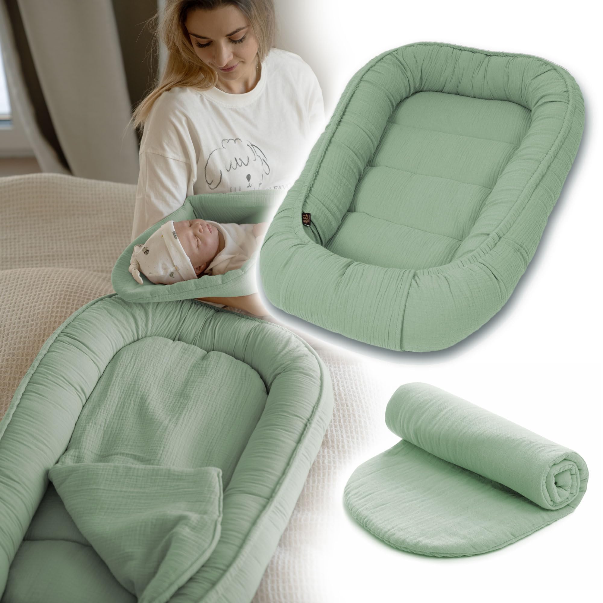 PALULLI® Gniazdko dziecięce 100 x 60 cm – miękkie muślinowe gniazdo z materacem, gniazdo do spania, kokon, łóżeczko turystyczne dla noworodków, 100% bawełna (szałwia zielona)