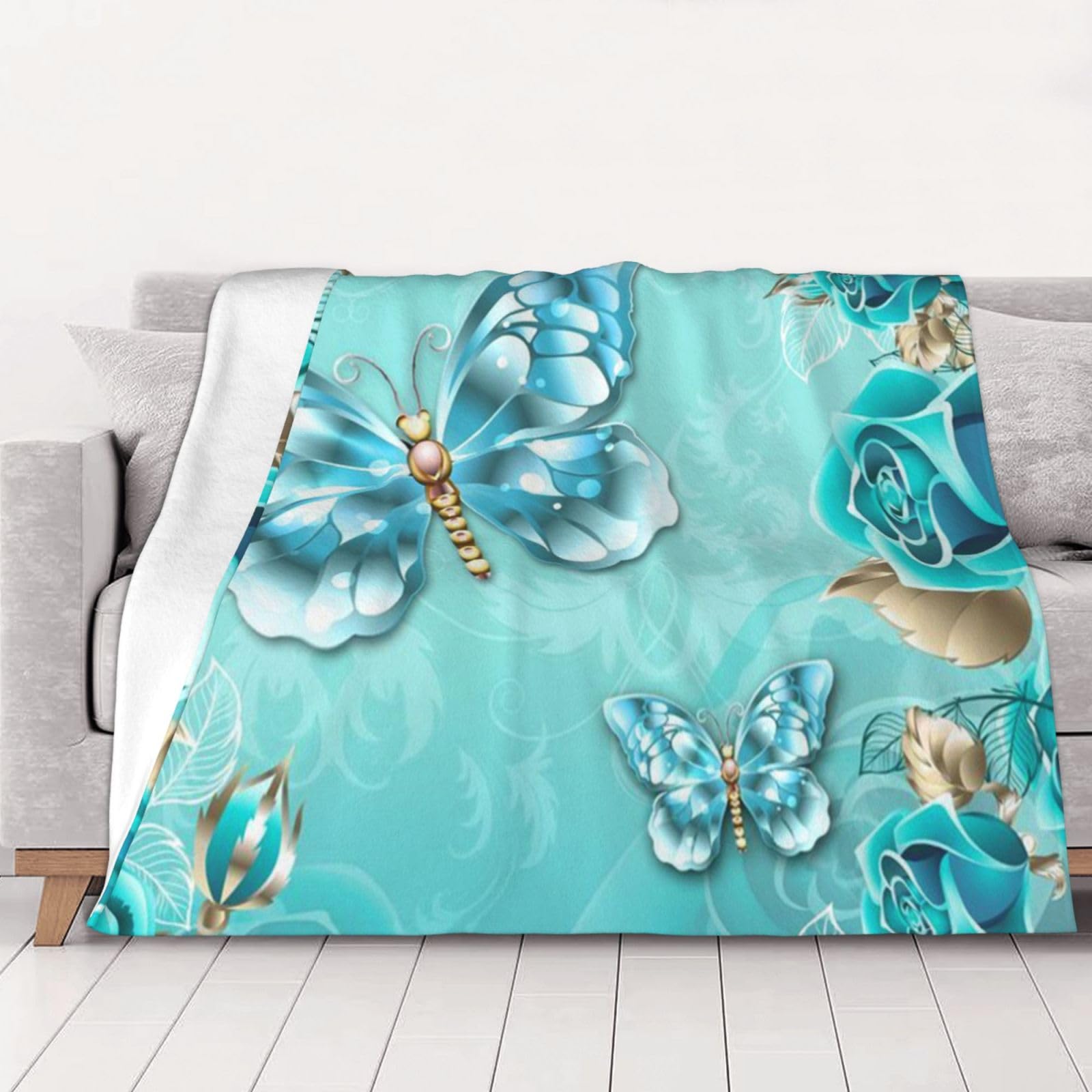 Couverture flanelle papillon bleu clair 200x150 cm idéale pour lit et canapé
