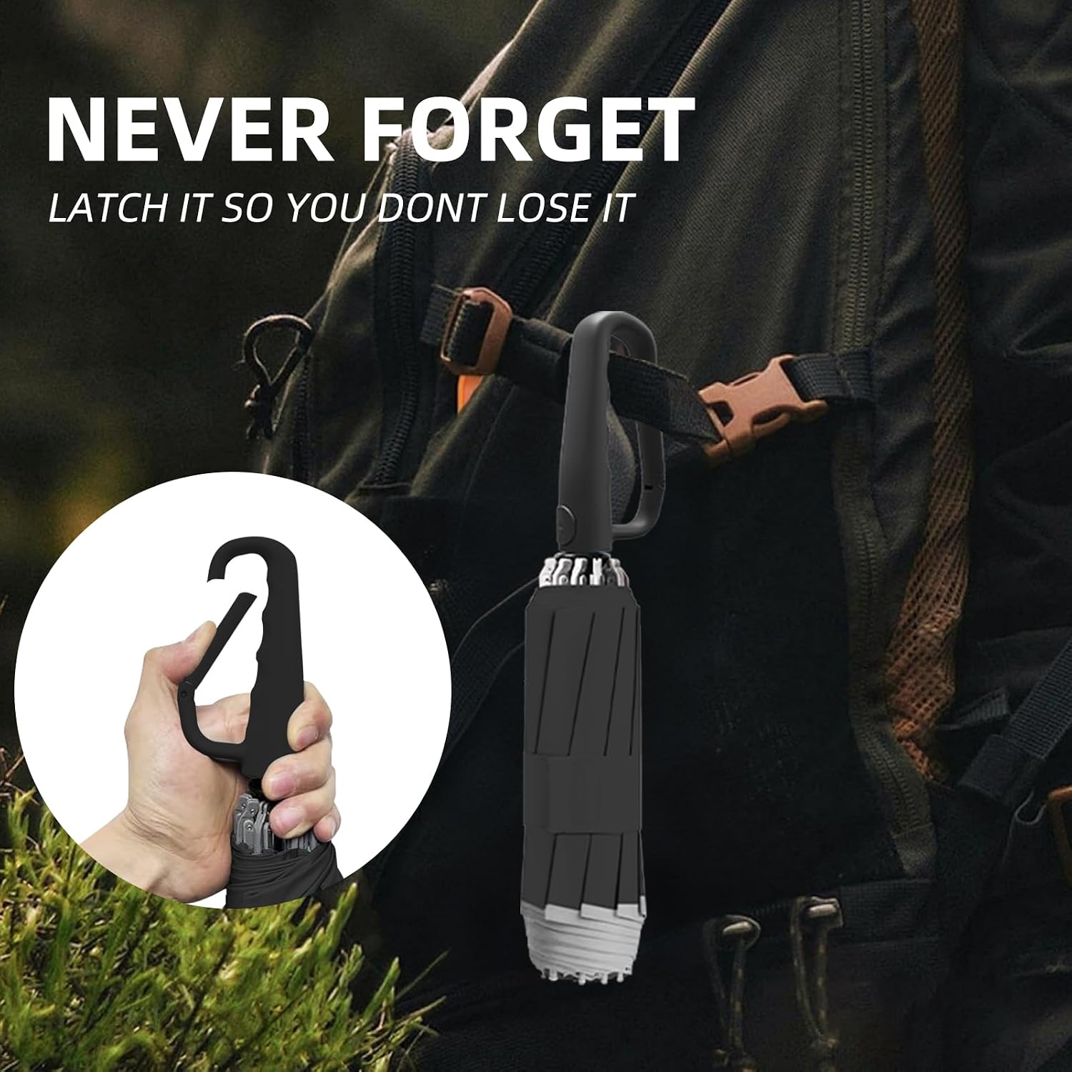 50in Inverted Folding Travel Umbrella – Windproof 10Ribs Upside Down Umbrella with Carabiner Handle, Rain Sun Protection for Women Men (Black)