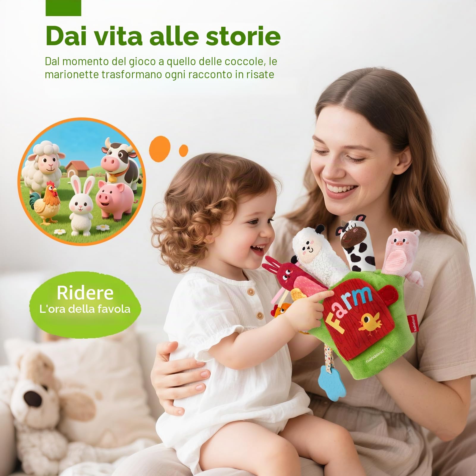 hahaland Giochi Sensoriali Neonati 6 Mesi, Guanto Marionetta della Fattoria Interattivi Gioco Montessori 6 Mesi, con Sonaglio/Specchio, Tummy Time Neonato 3 6 9 12 Mesi