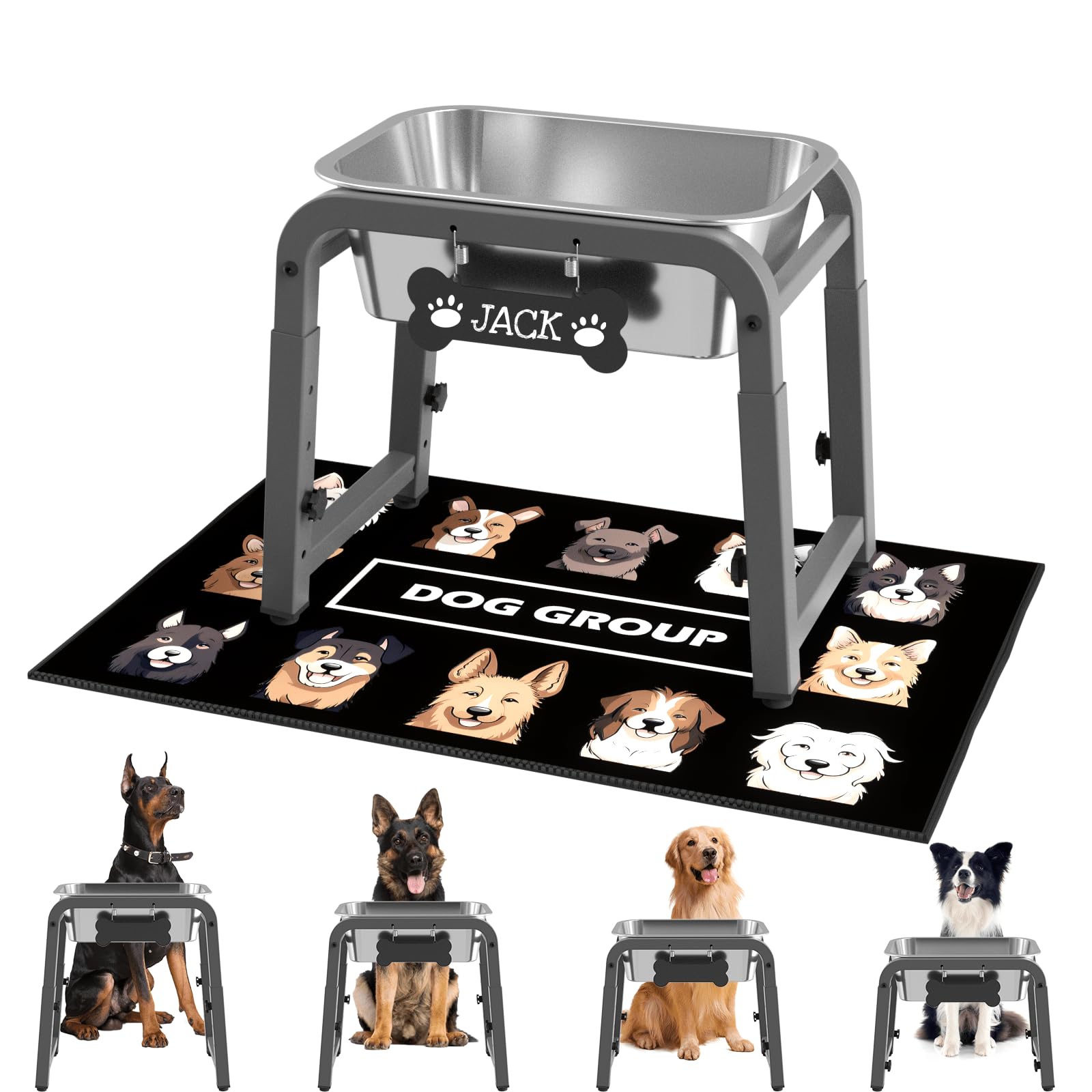 1.2 Gallon Elevated Dog Water Bowl, Height Adjustable (11–17'') Raised Stainless Steel Bowl with Spill-Proof Mat & Sturdy Metal Stand, Tip-Proof, Easy