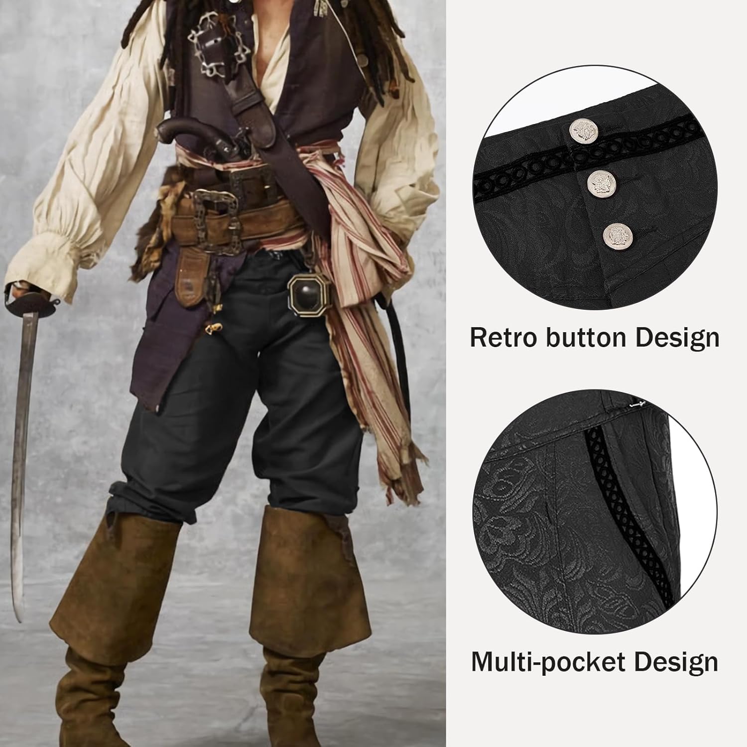 Gothic Pants for Men Cosplay Victorian Pants Steampunk Costume Pants Halloween Medieval Vintage Cosplay Trousers Pirate Pants Black 2XL - Image 2