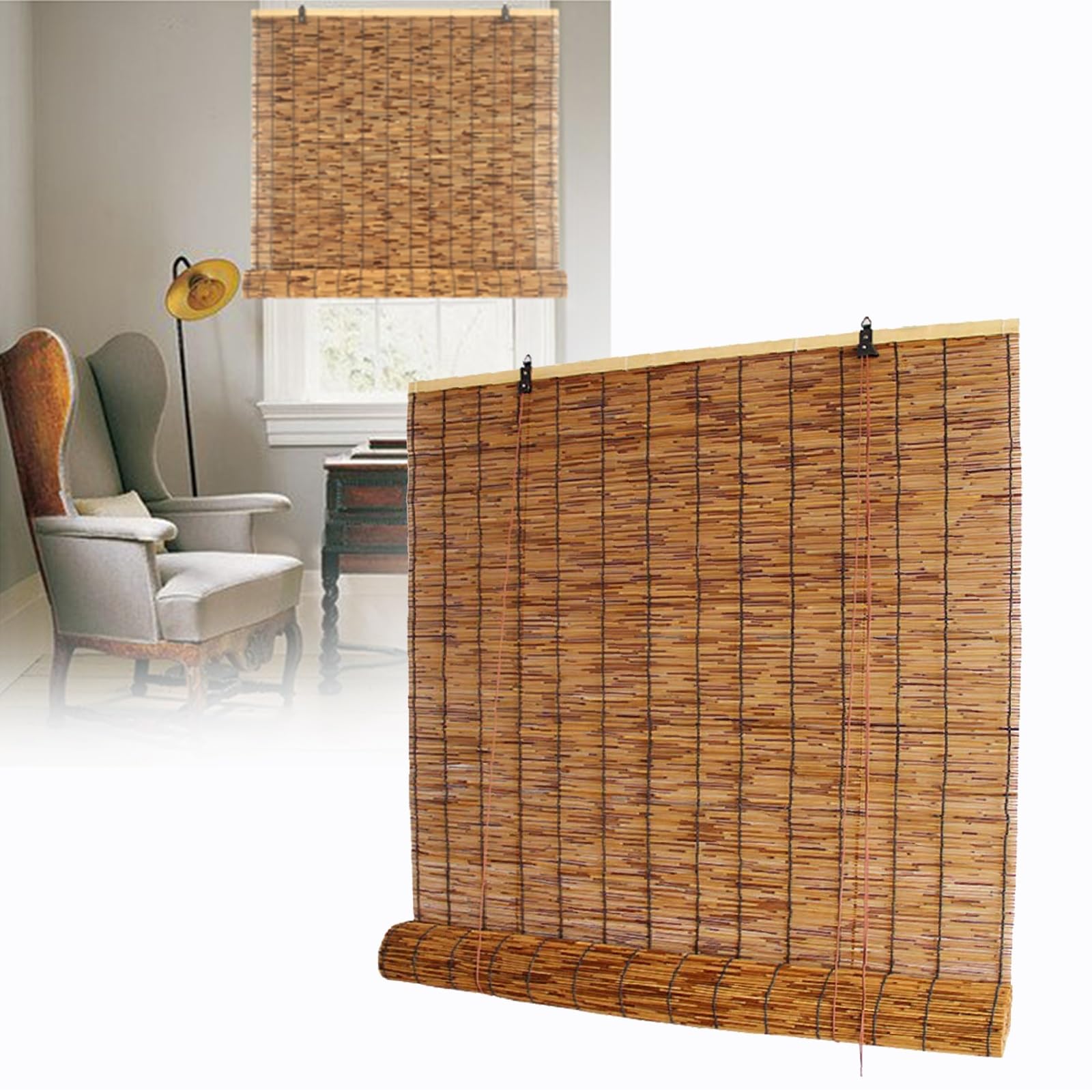 Pare-soleil décoratif vintage en roseau couleur cacao pour protection solaire de porche