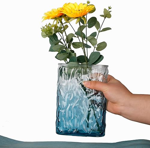 Jarrones de cristal azul de 7.1 pulgadas de alto, moderno jarrón de vidrio para centro de mesa, jarrones de vidrio hidropónico para el hogar,