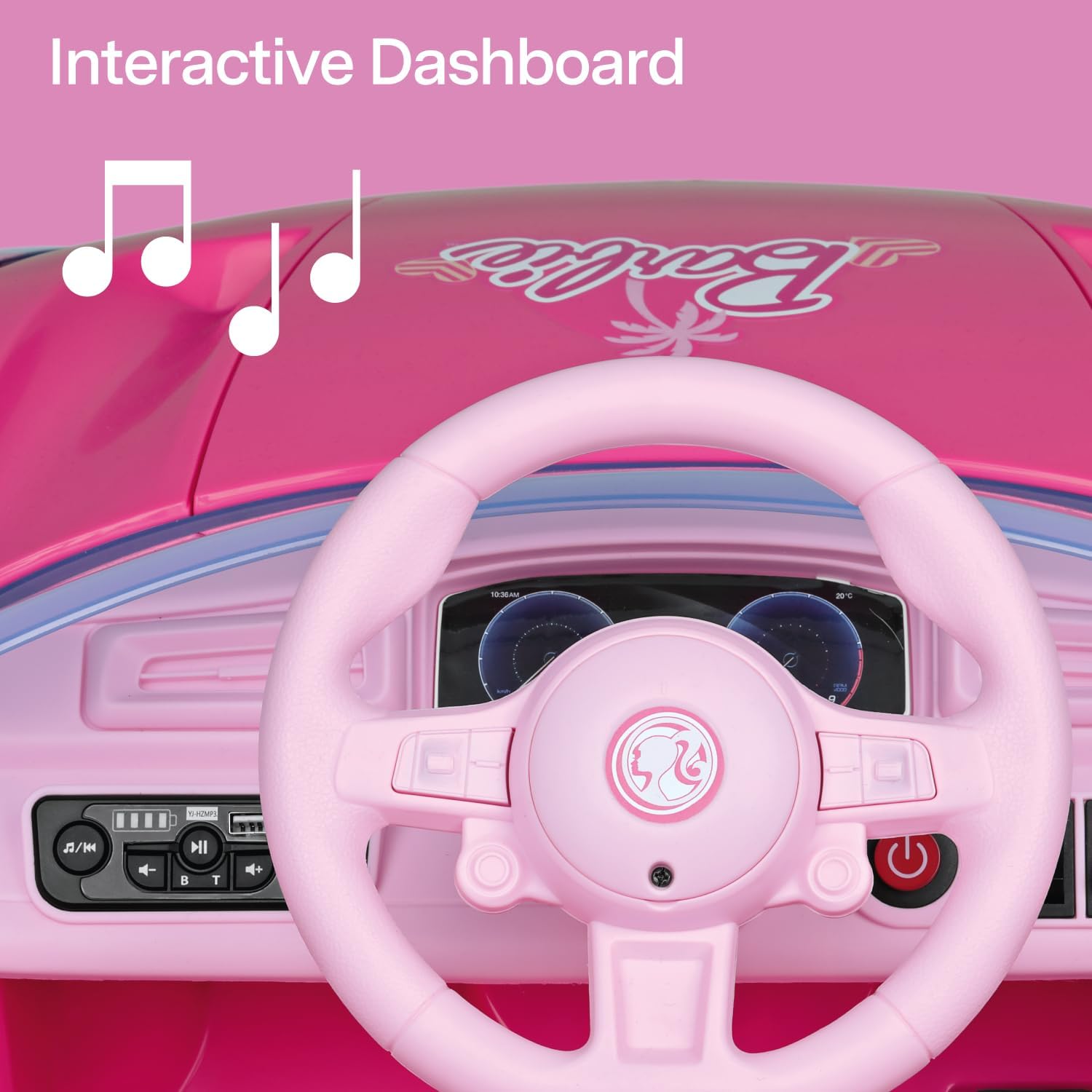 Close-up of the Barbie Electric Sports Car's interactive dashboard with steering wheel, buttons, and USB port.