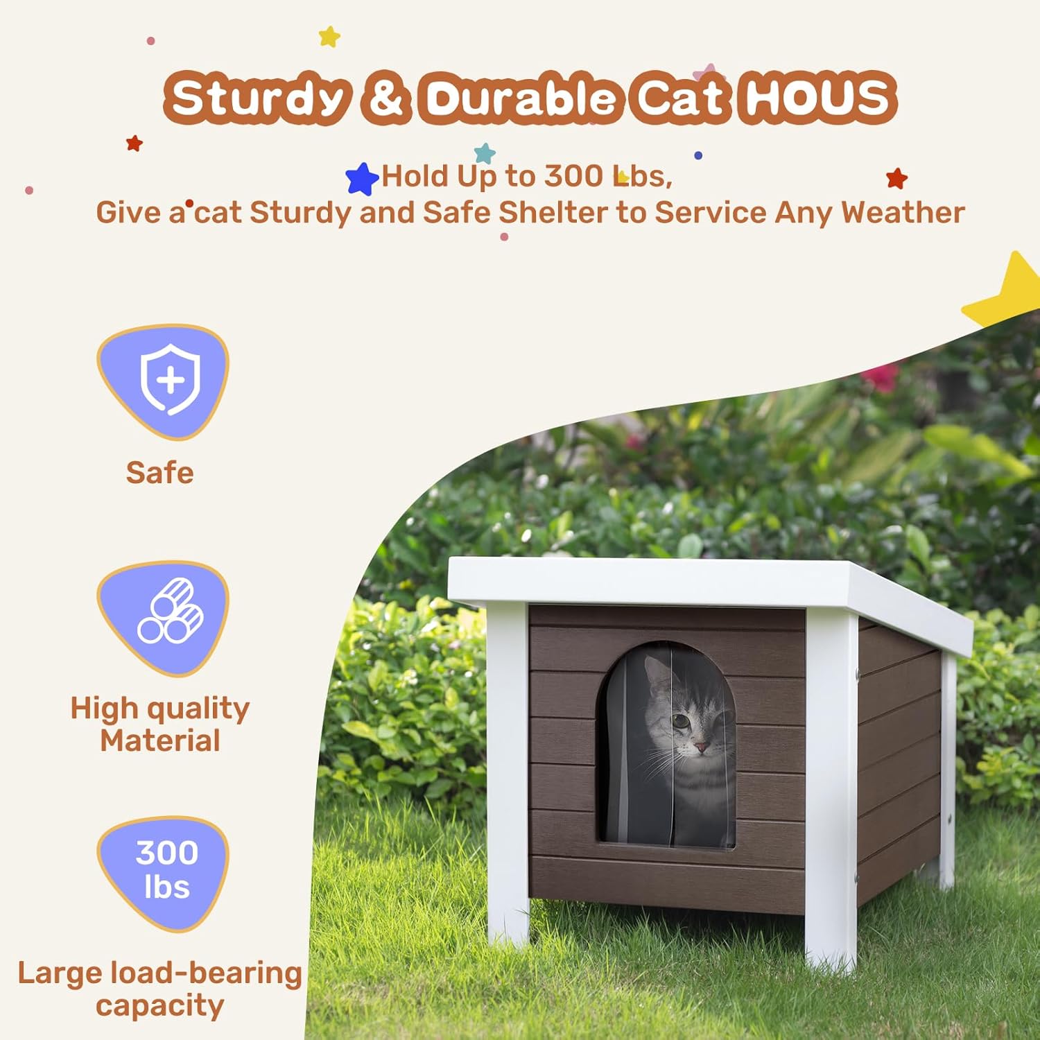 Psilvam Poly Lumber Outdoor Cat House, Weatherproof Cat Houses for Outdoor Cats, Feral Cat Shelter with Vent Plugs for Both Outdoor and Indoor 24" D x 17.7" W x 18.1" H(Coffee)