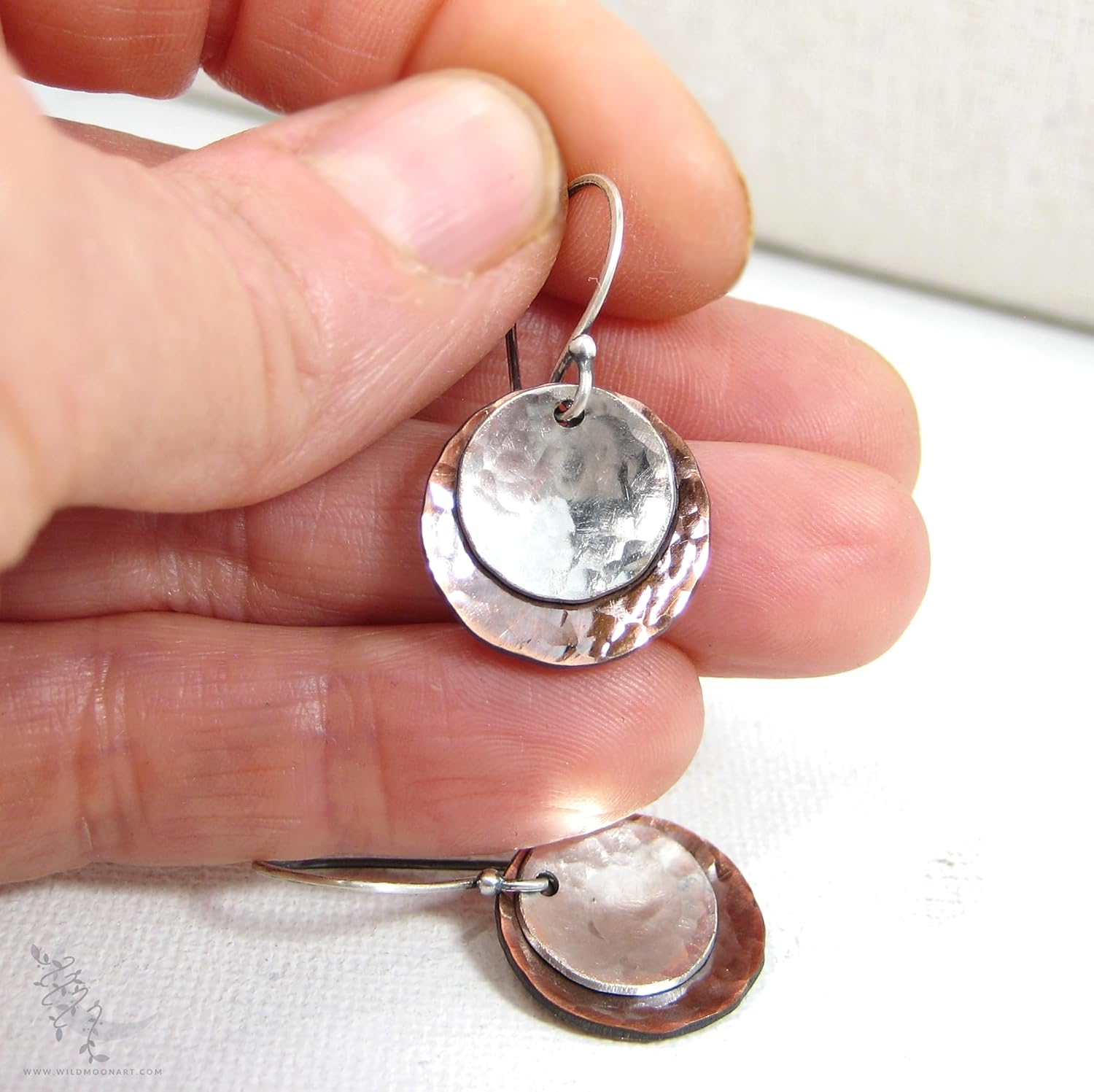 Antiqued Copper & Sterling Silver Earrings, Small Hammered Disc Mixed Metal Dangle Earrings, Upcycled Metal Minimalist Rustic Boho Jewelry