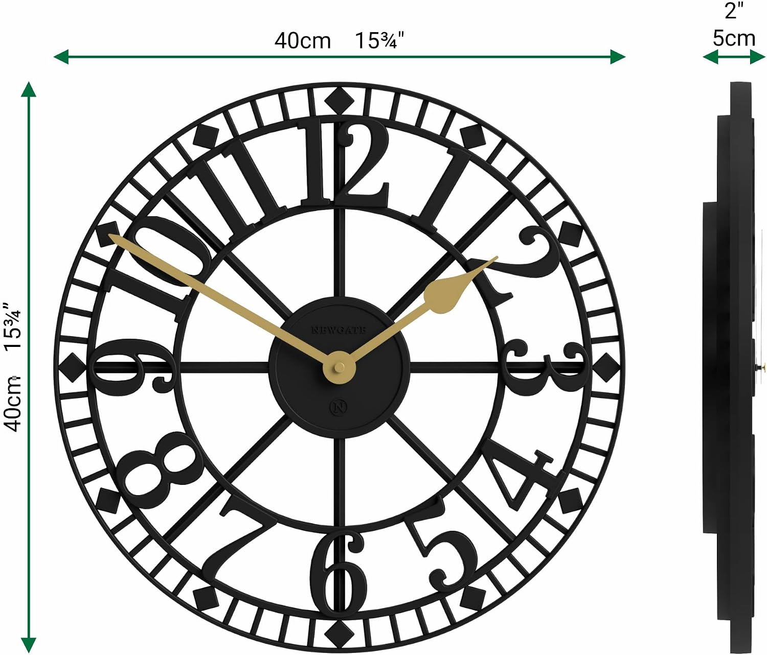 NEWGATE® Warehouse wall Clock | Skeleton Clock | 16 inch | Black with Brass Hands | Contemporary Vintage Style for Kitchen, Living Room or Office