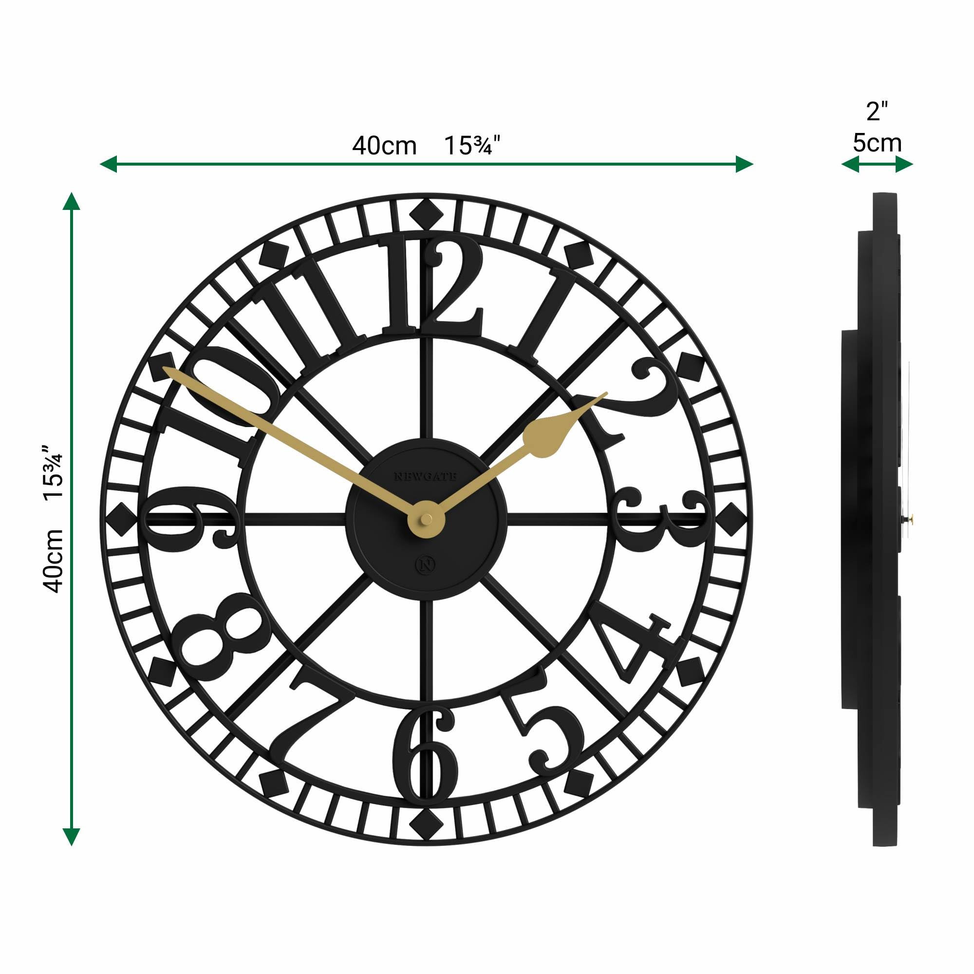 NEWGATE® Warehouse Reloj de Pared | Reloj Esqueleto | 40cm | Negro con Manos de latón | Estilo Vintage contemporáneo para Cocina, salón u Oficina