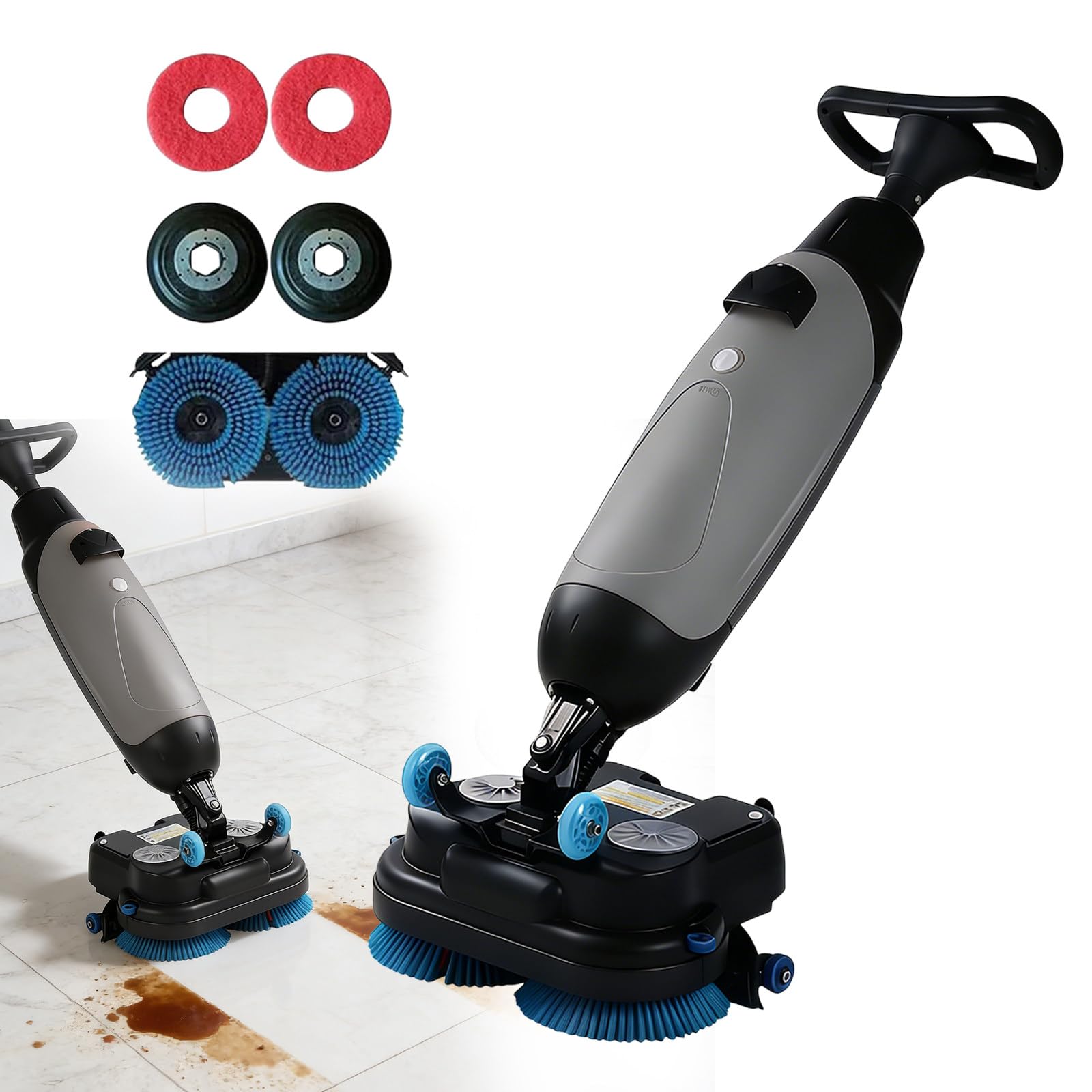 Fregadora De Pisos Comercial 4 En 1, Cabezal De Cepillo Doble 17 Pulgadas, 240 RPM, Batería 120 Min, Limpieza Profunda De Azulejos Y Lechada, Pisos De Madera Y Alfombras con Facilidad Gray