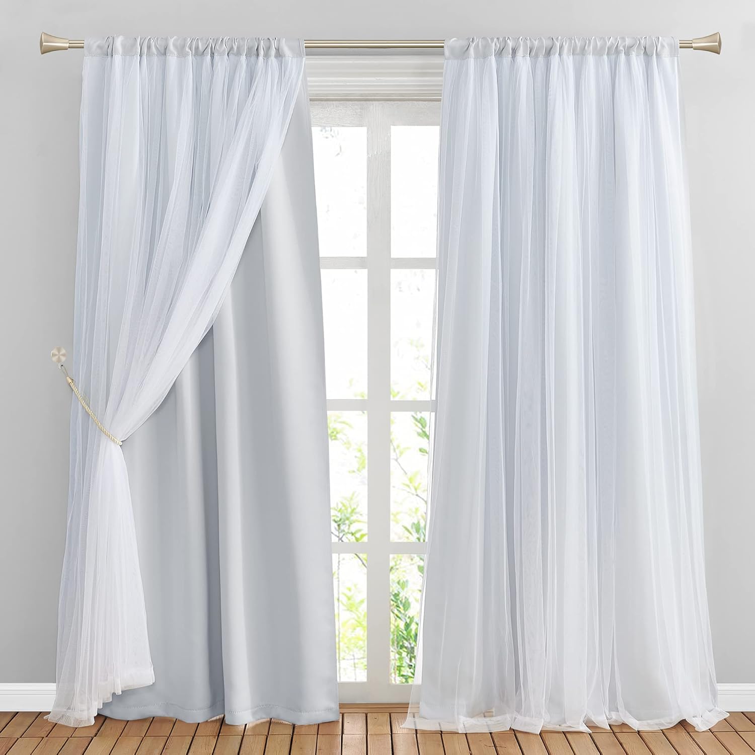 PONY DANCE White Double Curtains - Curtains 84 Inches Long with Sheer Elegance Window Panels for Living Room with Extra Tie-Backs, 52"x84", Greyish White, 2 PCs