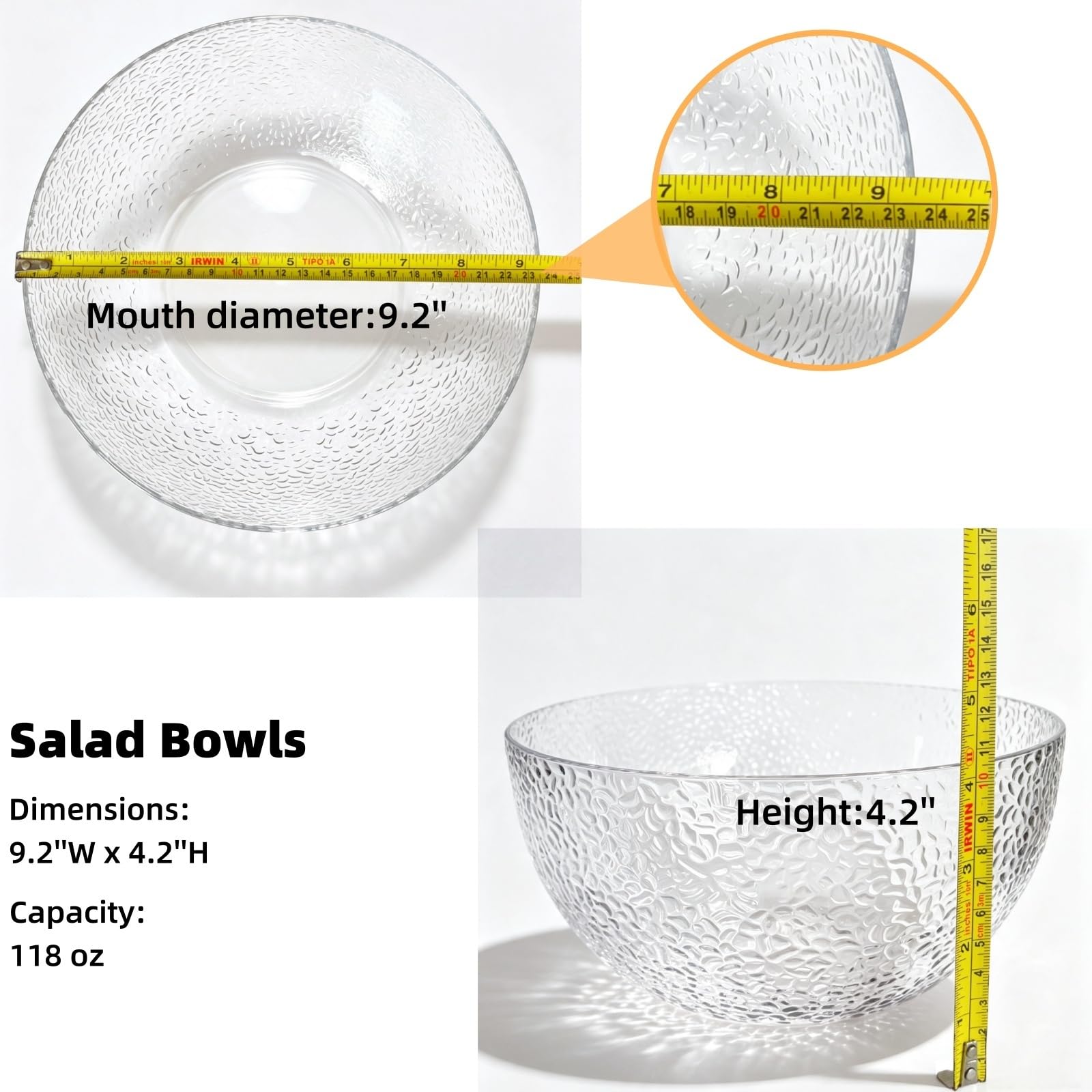 Ensaladeras acrílicas de 134 onzas, cuencos de servir de 9.5 pulgadas para frutas, palomitas de maíz, patatas fritas, salsas, condimentos, juego de 2 unidades, circulares transparentes