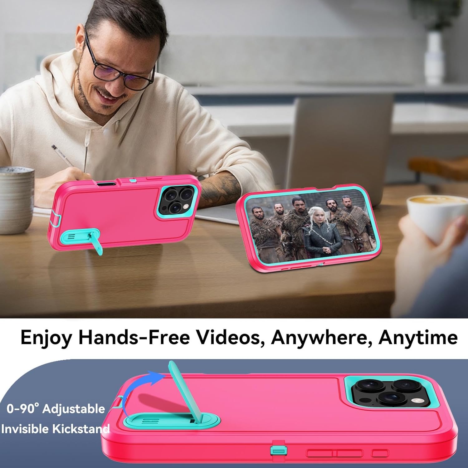 for iPhone 16 Pro Max Case with Built-in Invisible Kickstand,[2* Screen Protector] Military-Grade Protection Shockproof Protective Cover Rugged Stand Phone Case for iPhone 16 Pro Max (Pink) - Image 4