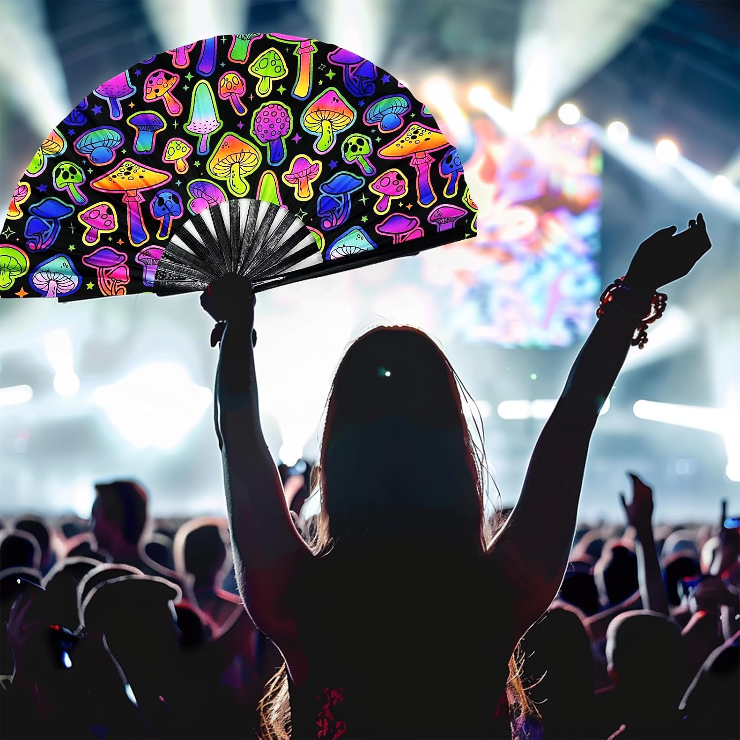 13‘’ UV Glow Large Rave Fan for Men Women, Rave Essentials, Decorative Folding Hand Fan for Party, Home Decoration, Gift, Music Festival Essential, EDM Rave Accessories (Mushroom3) image 3